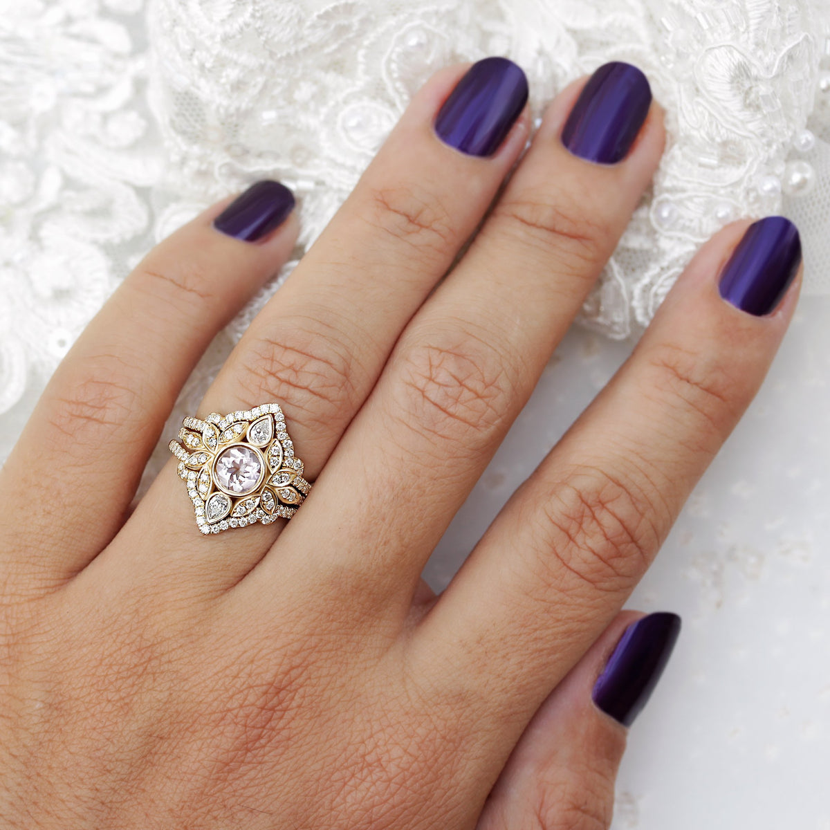 Morganite & Diamonds Flower Engagement Ring With Pave Diamond Rings Guard- Lily #5
