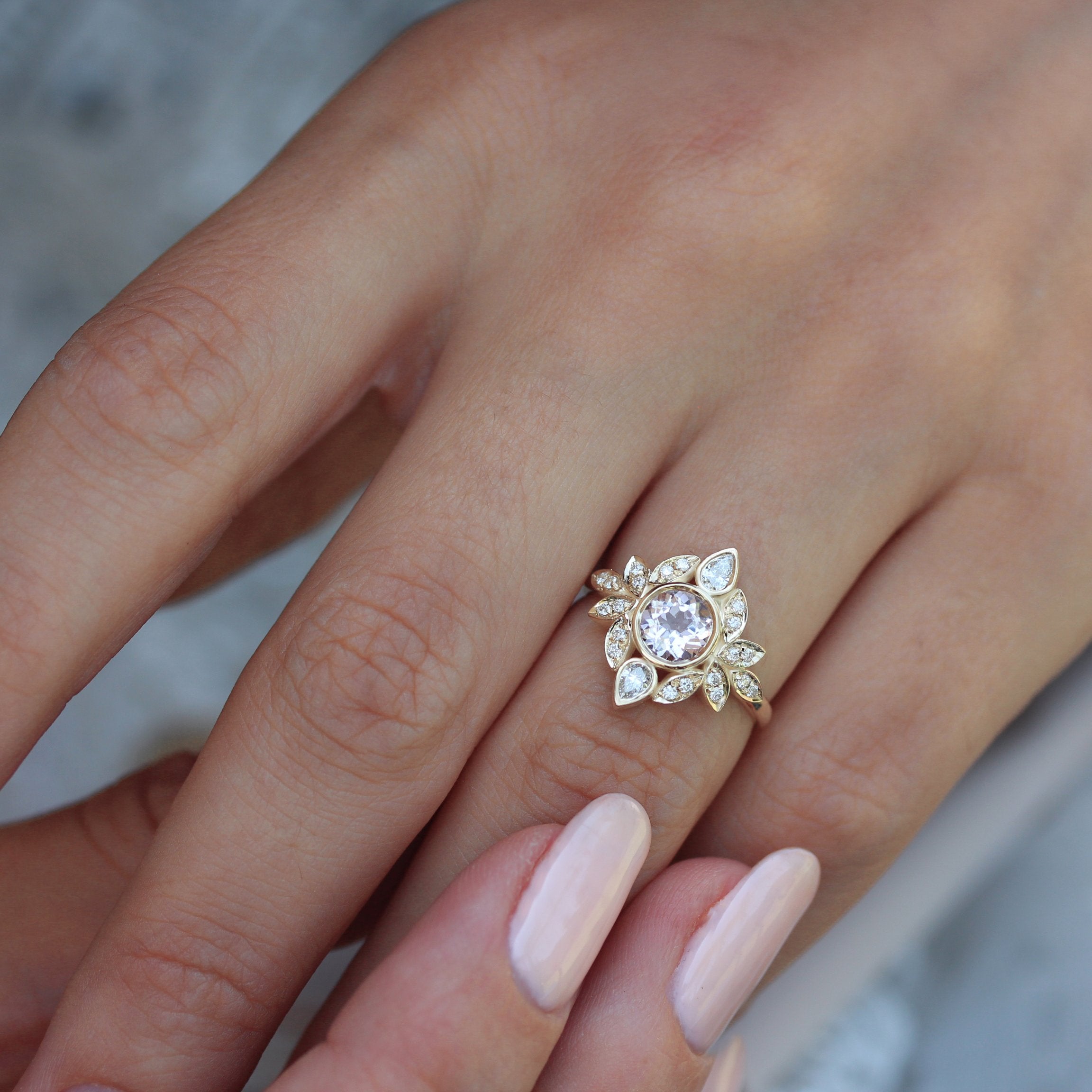 Morganite & Diamonds Flower Engagement Ring Lily #5 ♥