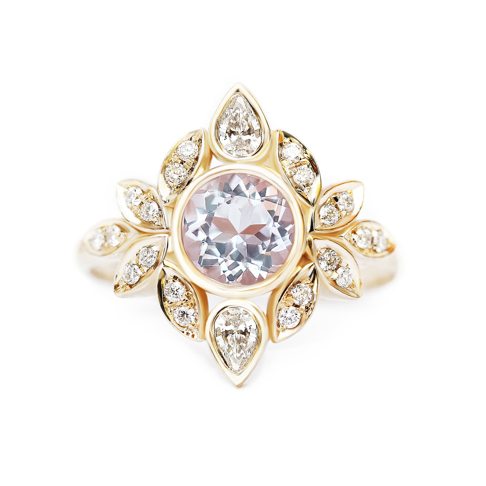 Morganite & Diamonds Flower Engagement Ring With Pave Diamond Rings Guard- Lily #5