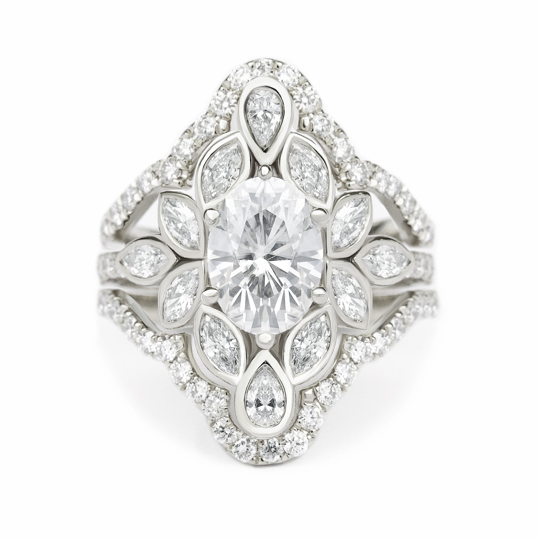 Oval & Marquise Diamonds Bezel Set Flower Engagement Ring with Pave Diamond Ring Wrap Lily #6