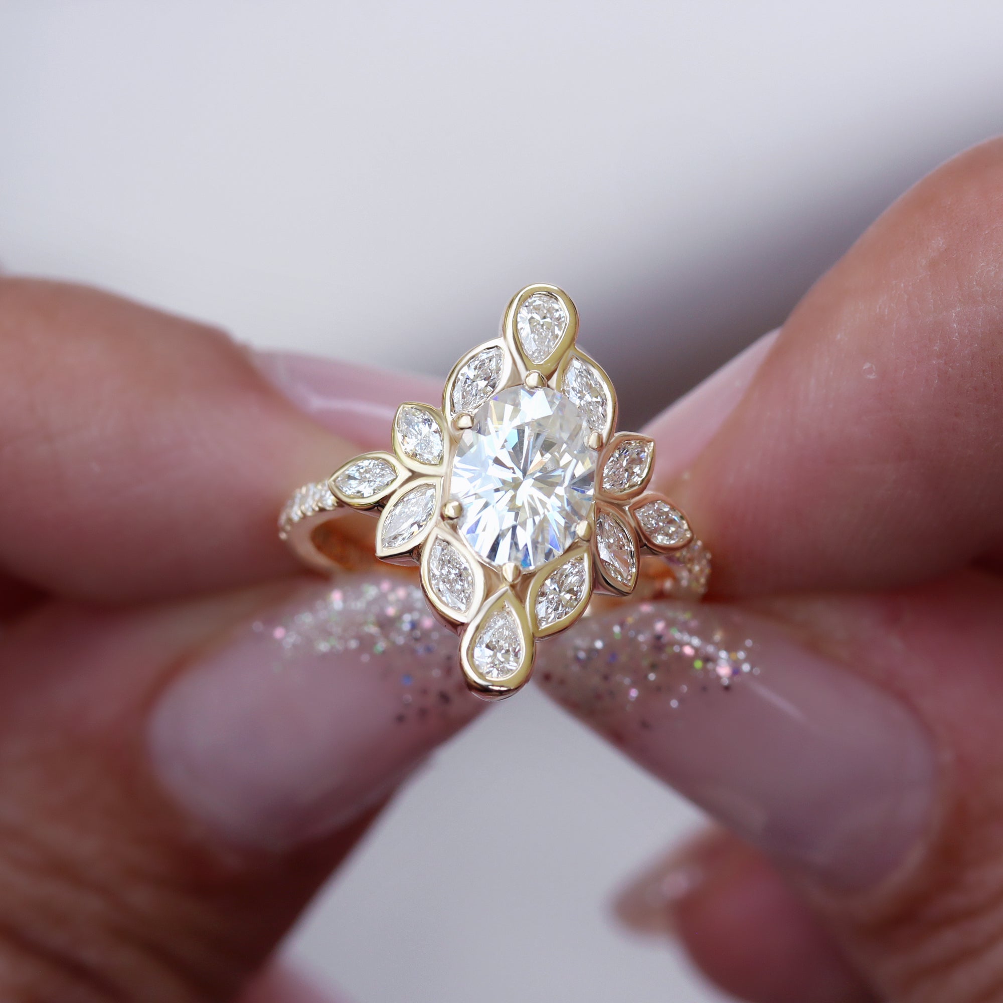 Oval & Marquise Diamonds Bezel Set Flower Engagement Ring with Pave Diamond Ring Wrap Lily #6