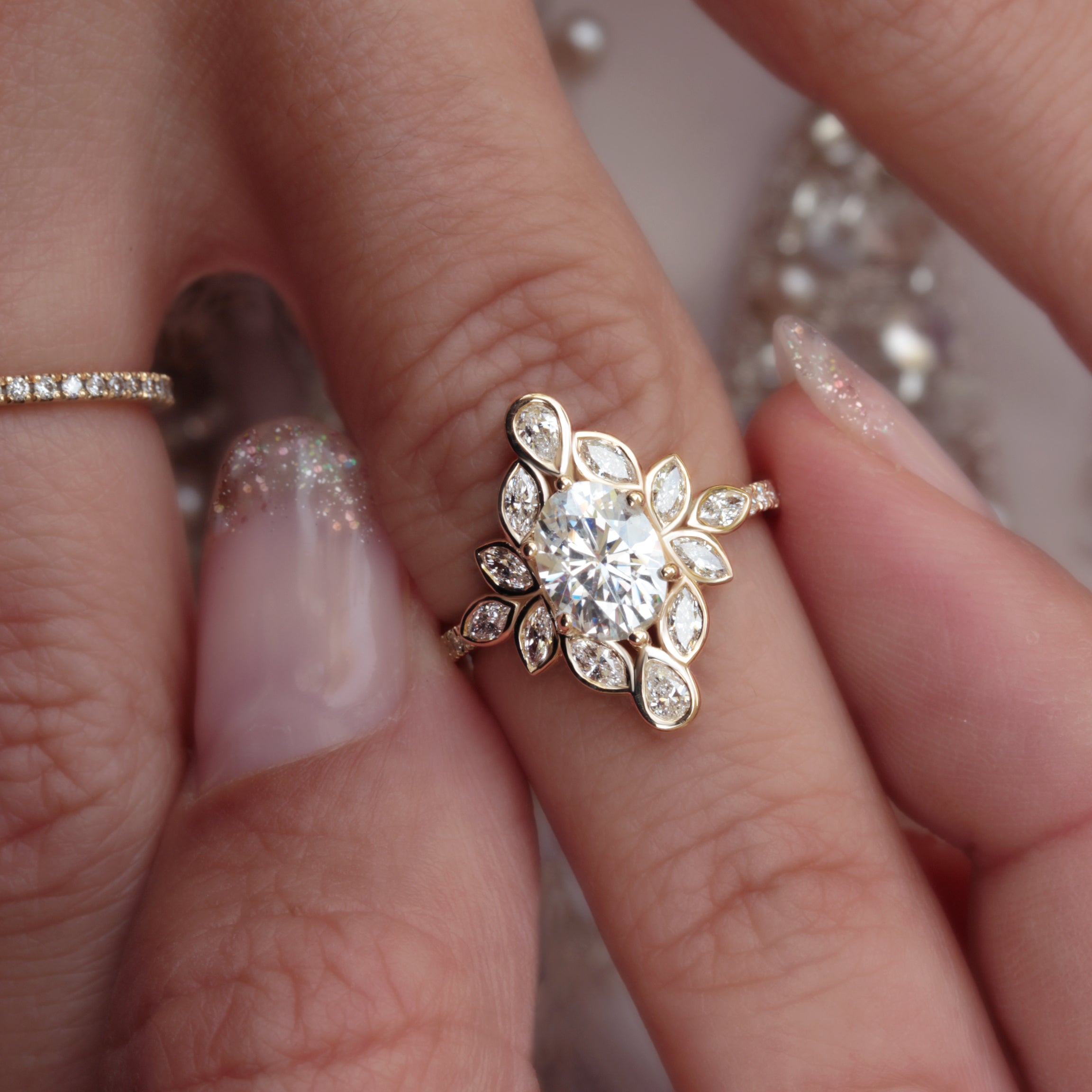 Oval & Marquise Diamonds Bezel Set Flower Engagement Ring with Pave Diamond Ring Wrap Lily #6