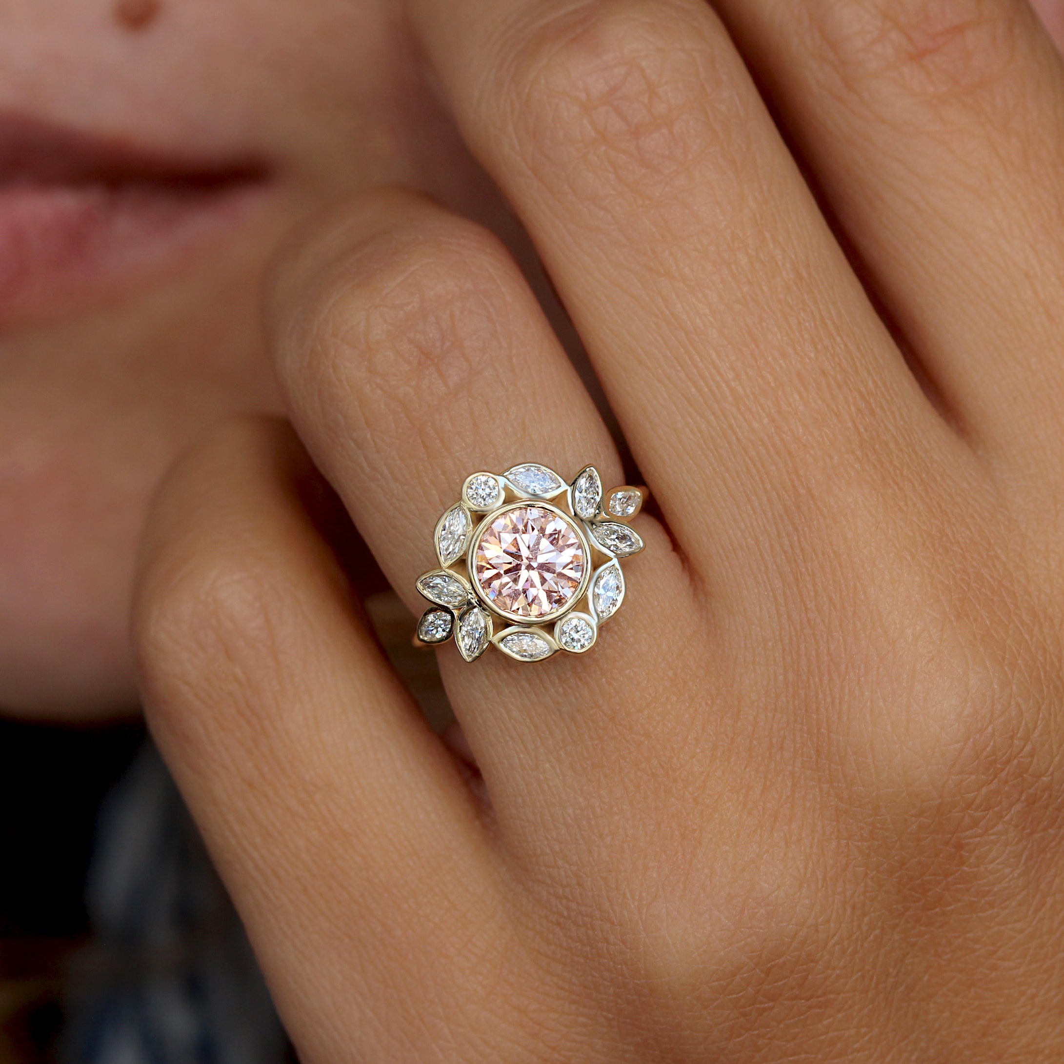 pink round diamond bezel setting engagement ring