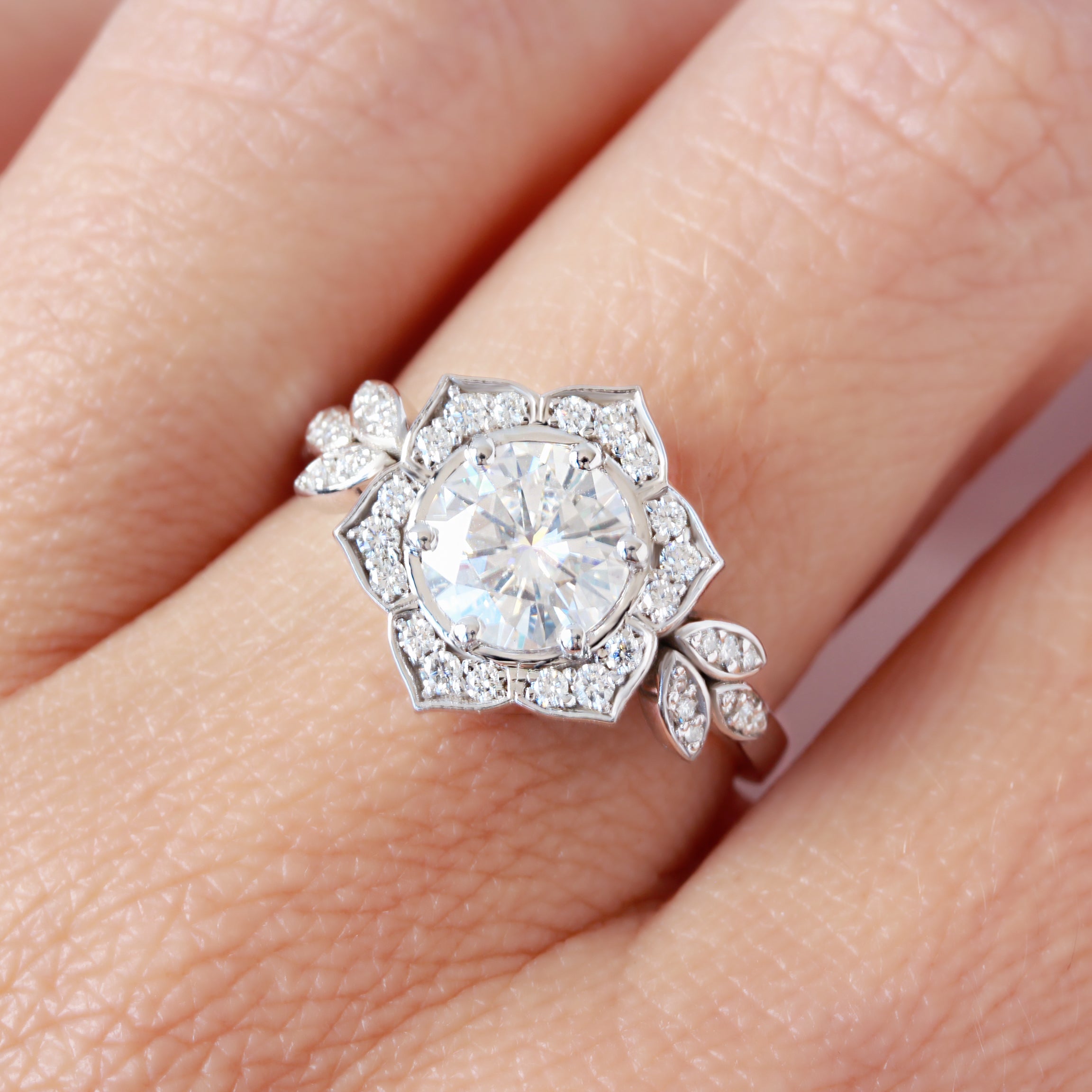 2ct Diamond Flower Engagement Ring, Three Rings Set - Lily Pond & Hermes ♥