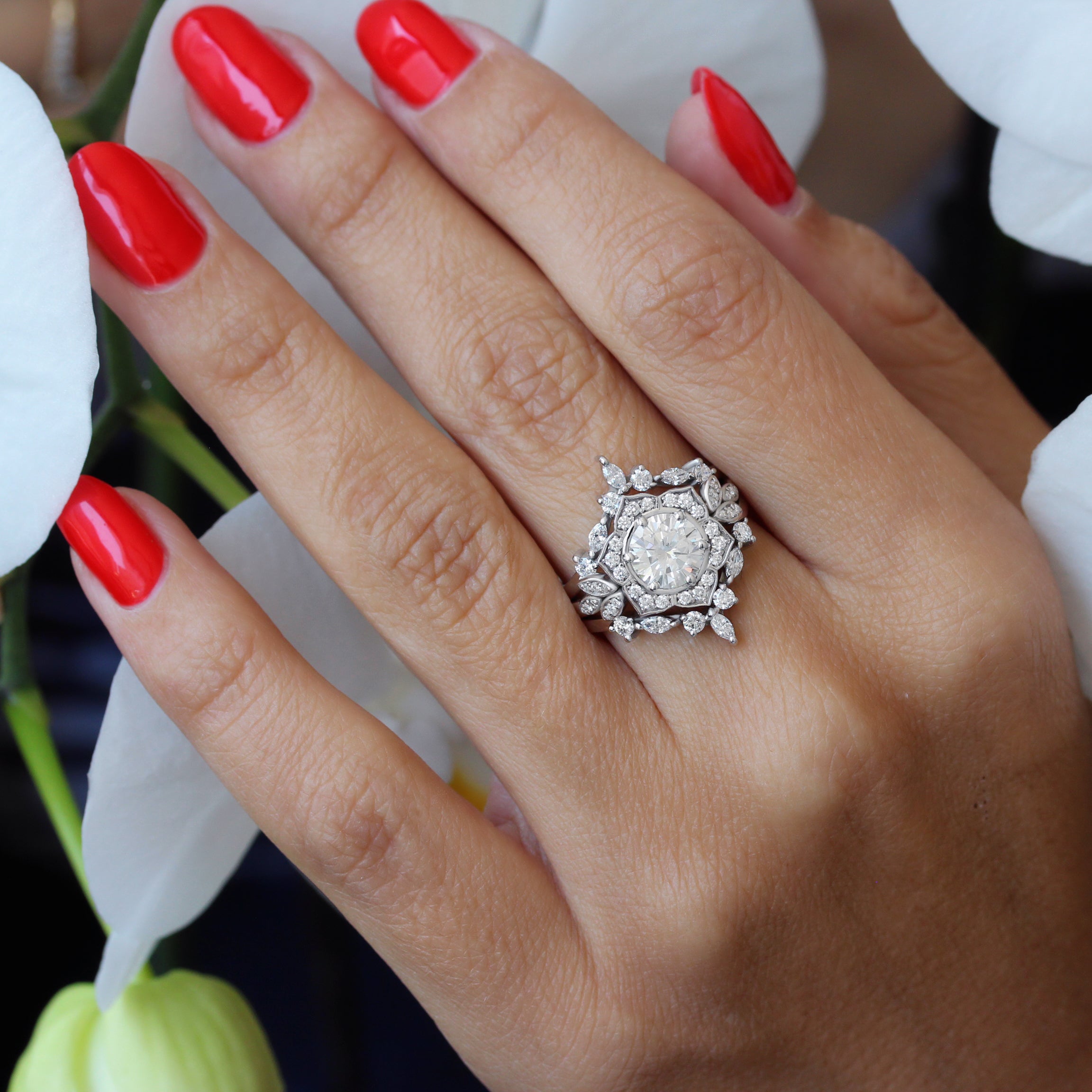 2ct Diamond Flower Engagement Ring, Three Rings Set - Lily Pond & Hermes ♥