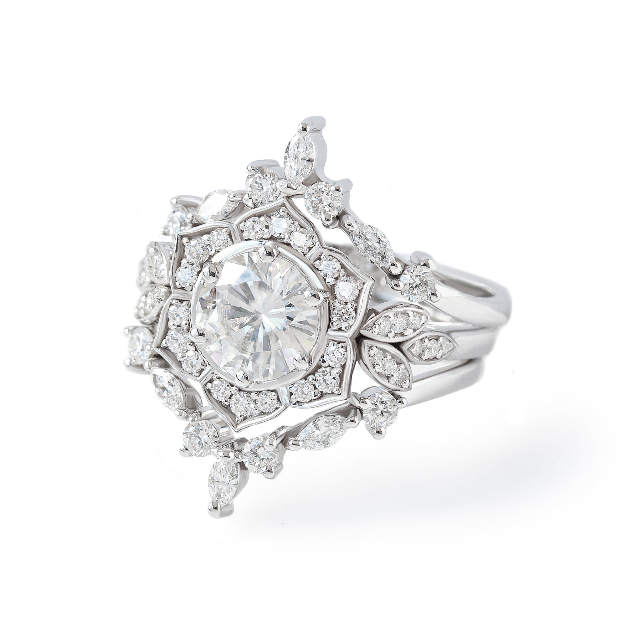 2ct Diamond Flower Engagement Ring, Three Rings Set - Lily Pond & Hermes ♥