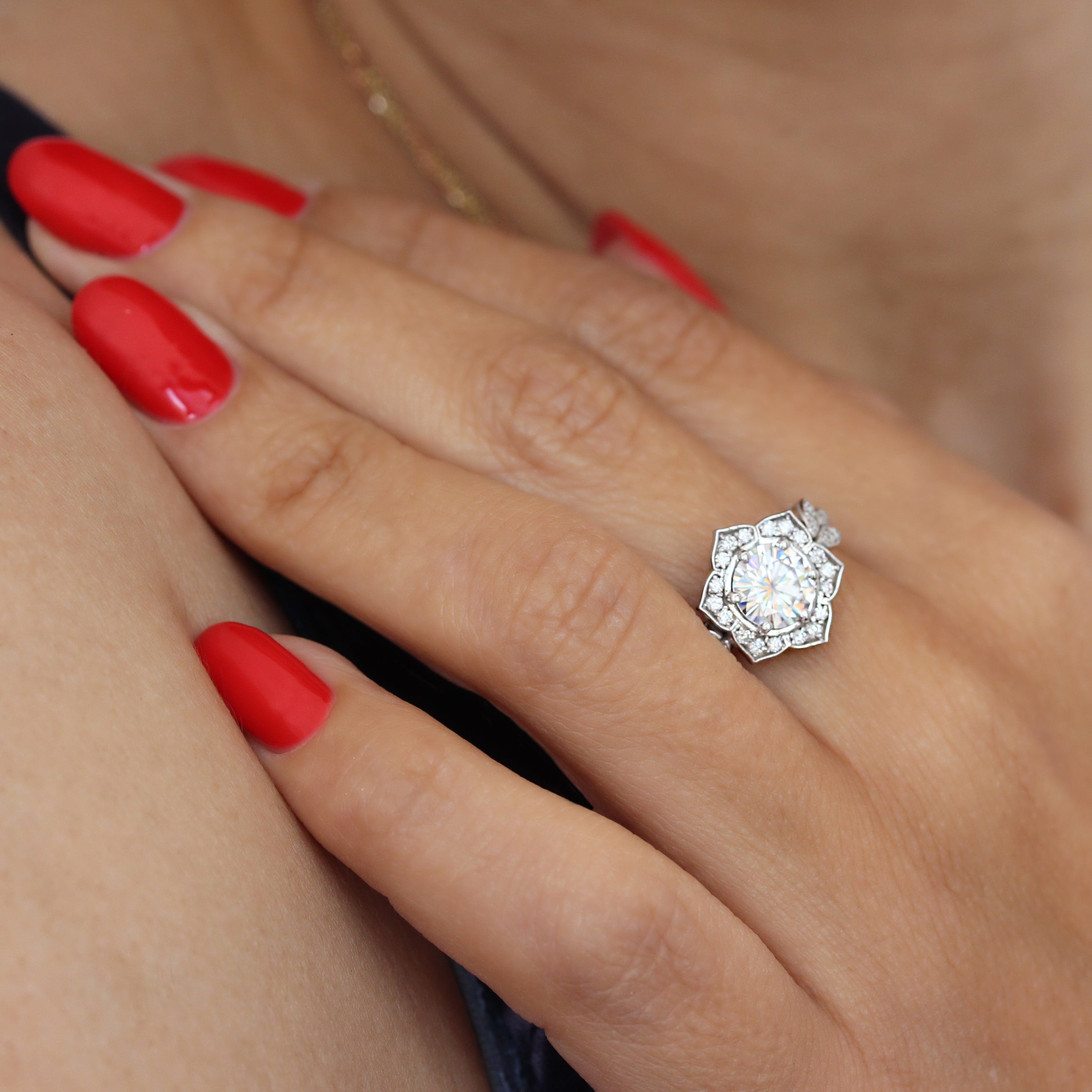 2ct Diamond Flower Engagement Ring, Three Rings Set - Lily Pond & Hermes ♥