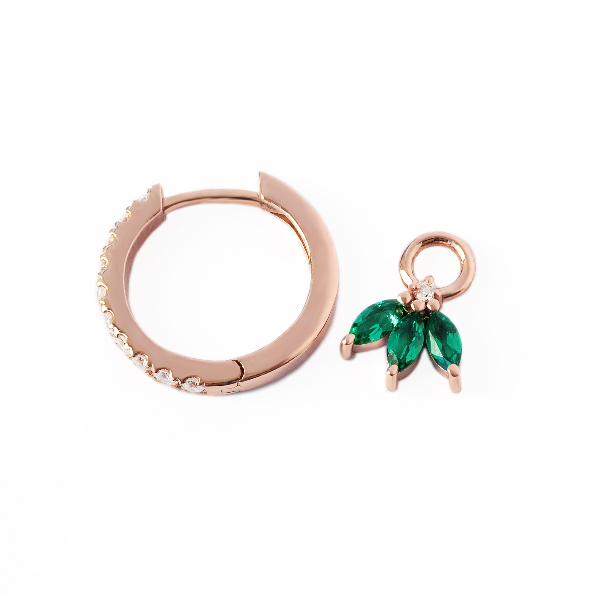 Small hoop with marquise emerald drop huggie diamond earrings