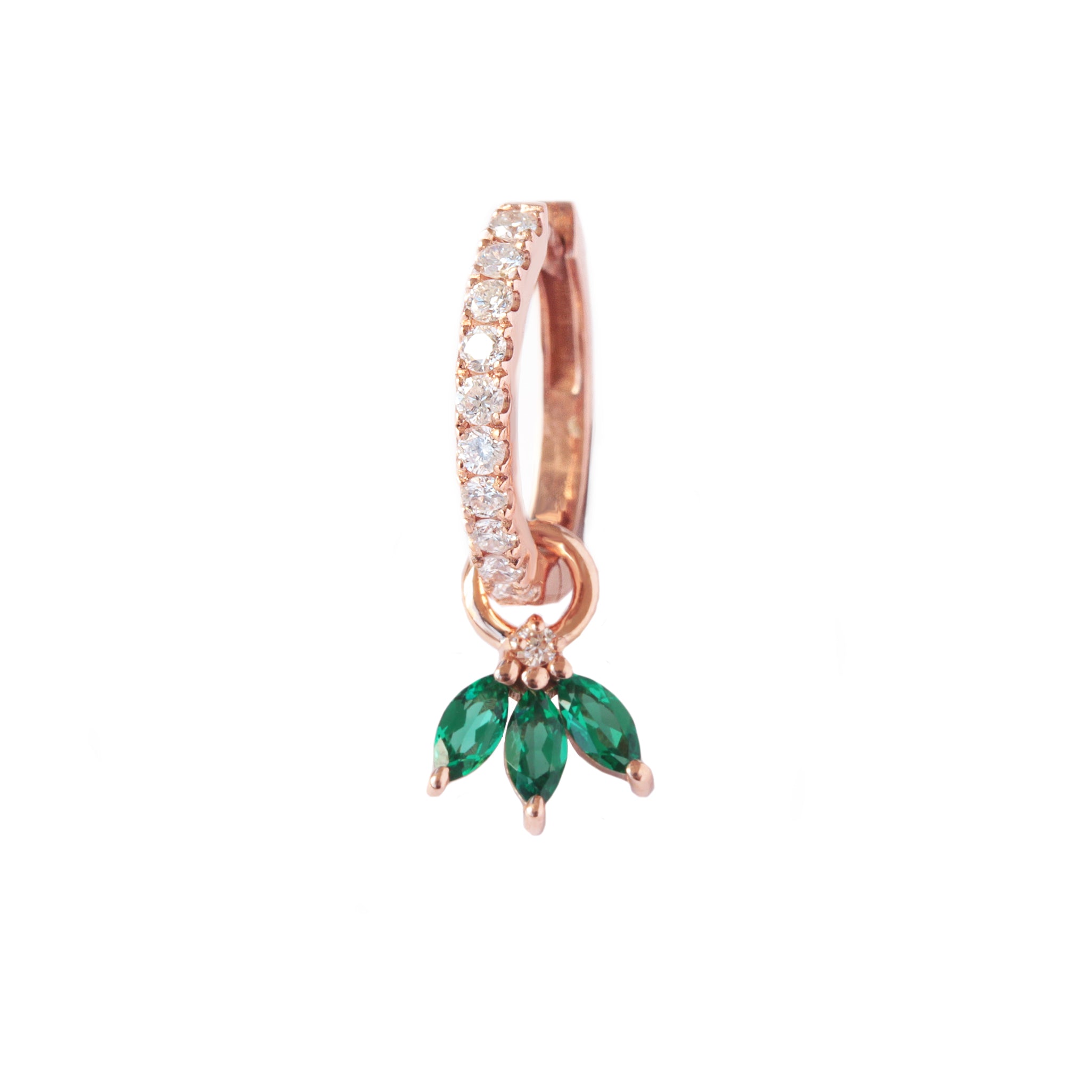 Small hoop with marquise emerald drop huggie diamond earrings