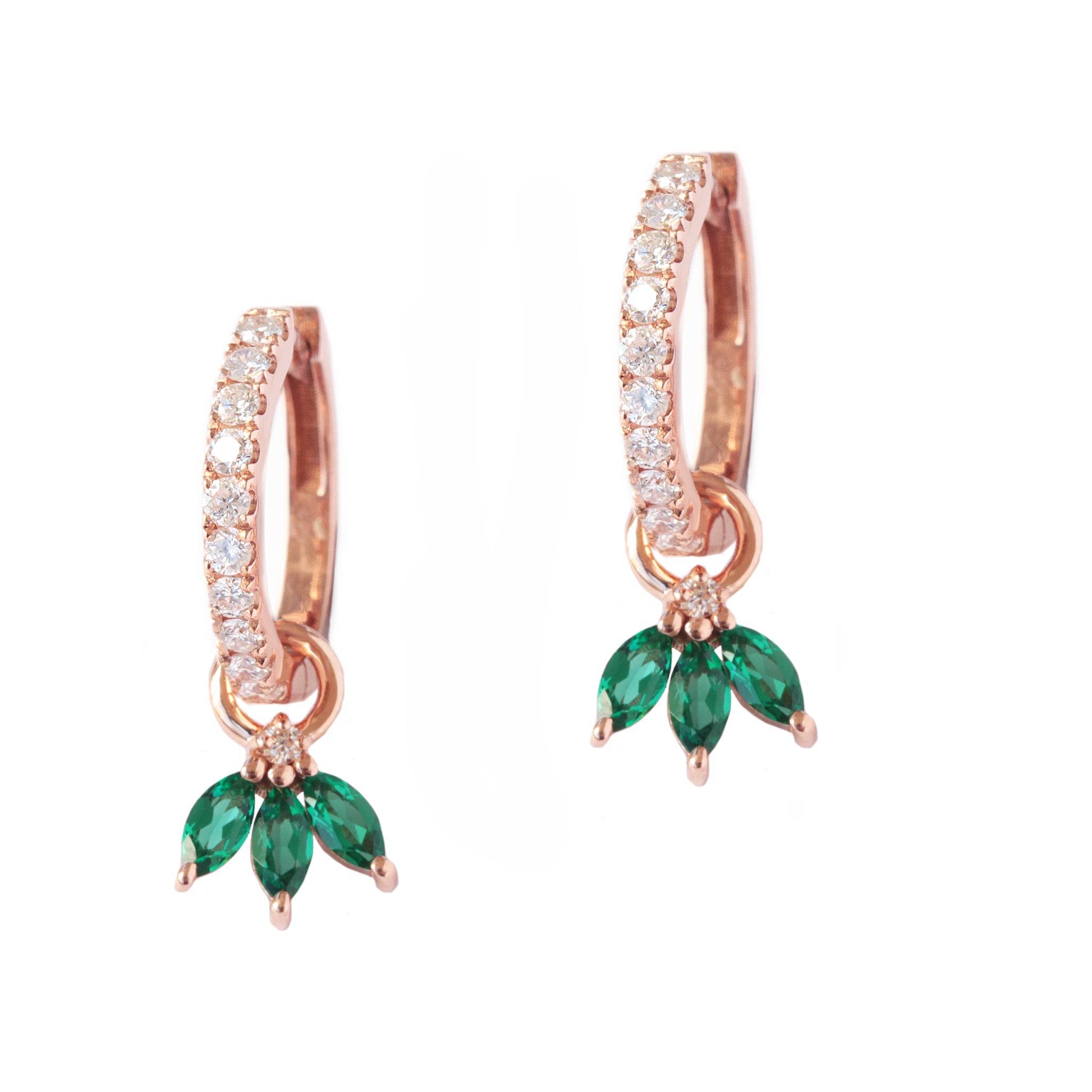 Small hoop with marquise emerald drop huggie diamond earrings