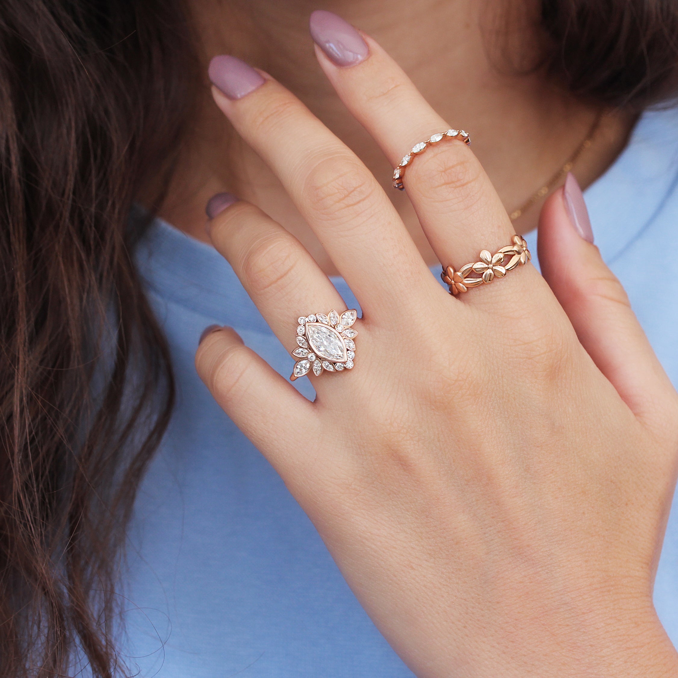 rose gold flower engagement ring