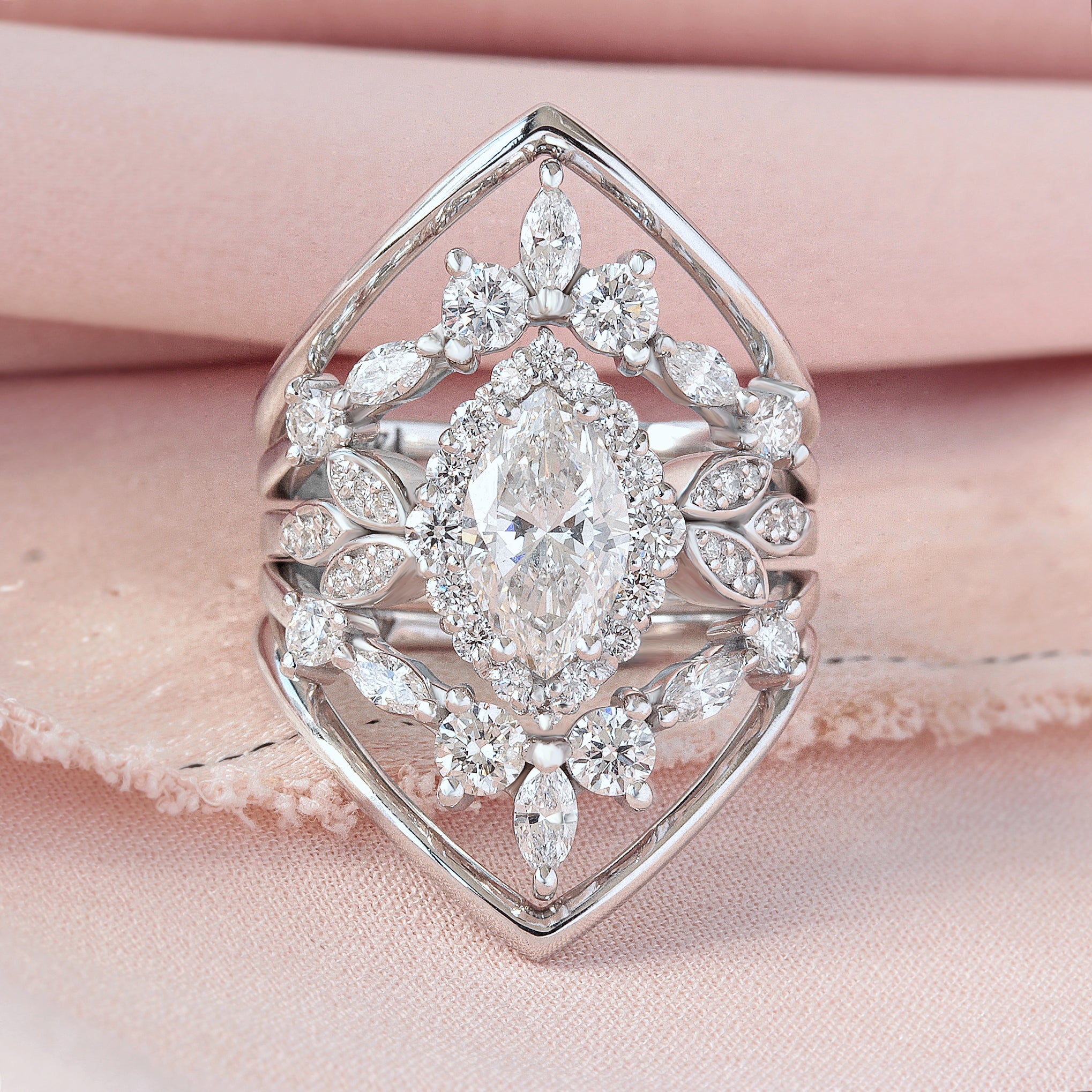 "Minimal Lily" Marquise Diamond Floral Engagement Ring Set white gold silly shiny diamonds