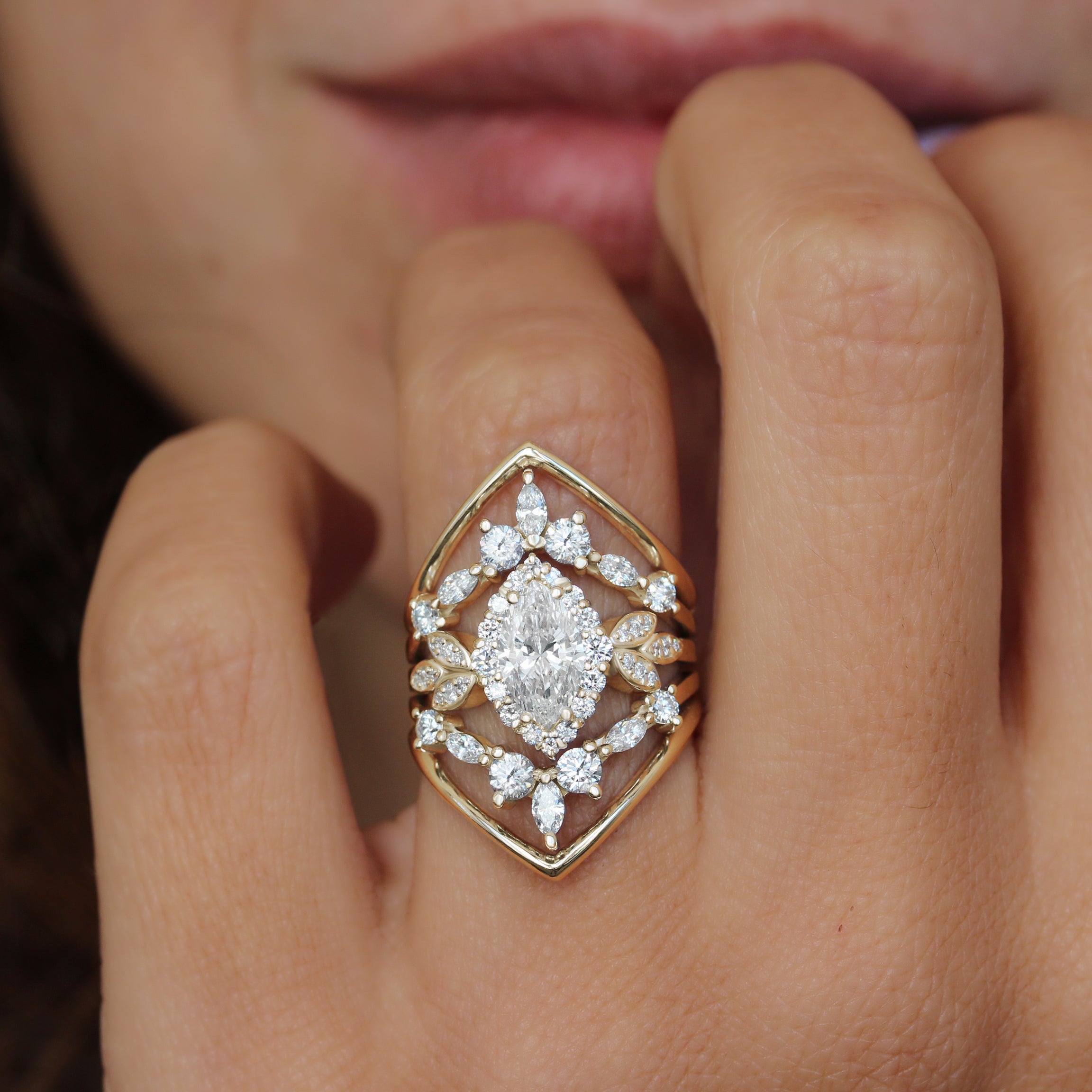 "Minimal Lily" Marquise Diamond Floral Engagement five Ring set yellow gold Set silly shiny diamonds