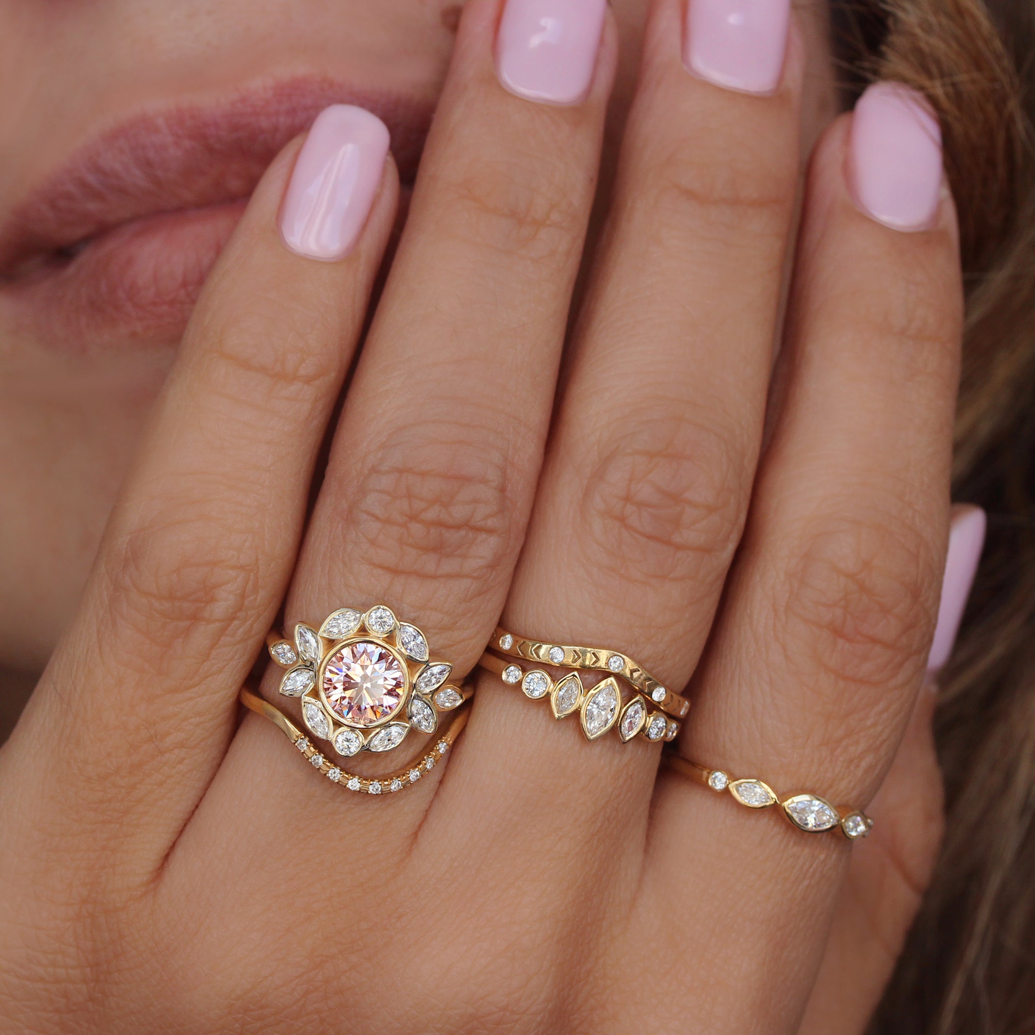 lily ring with center pink diamond yellow gold