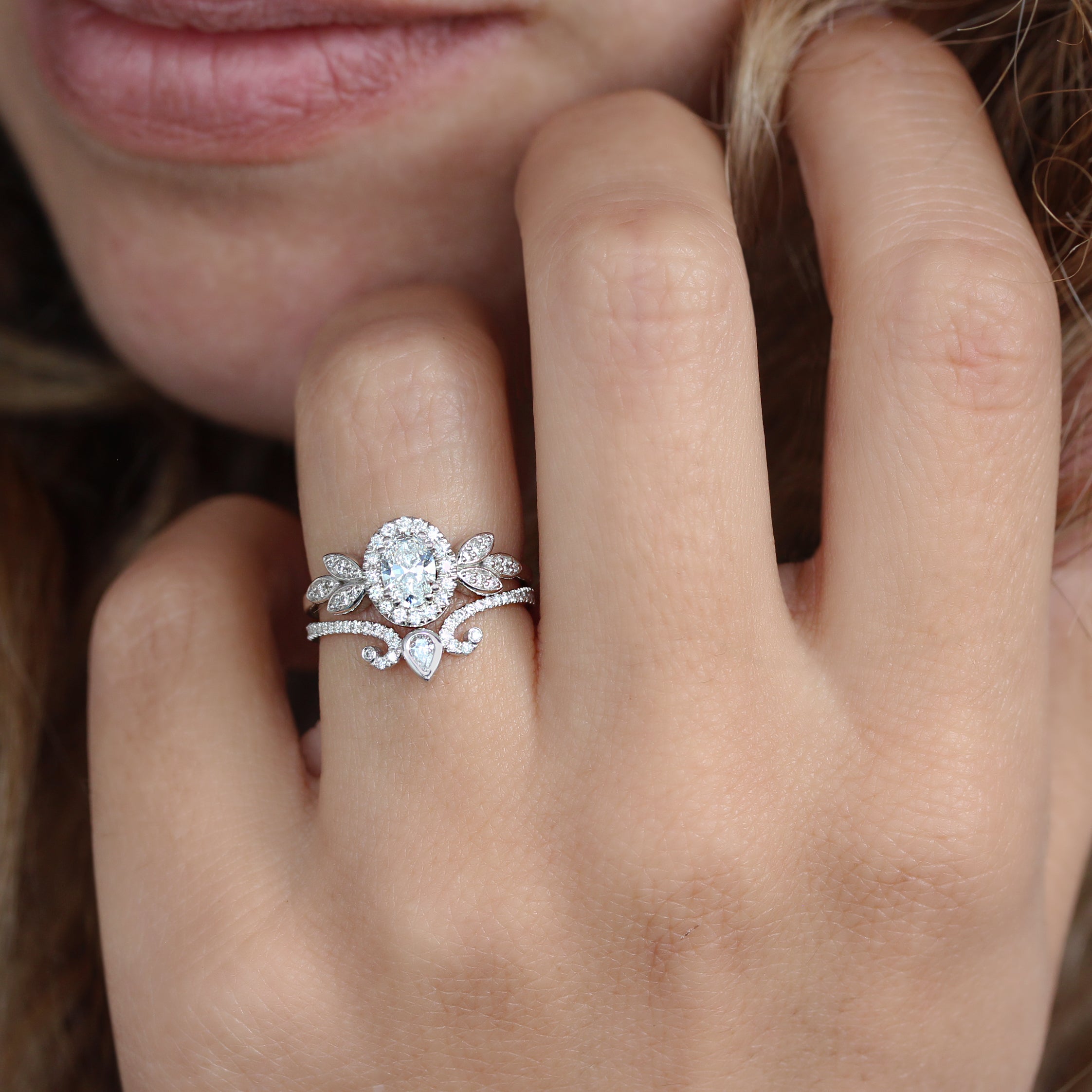 Oval diamond halo nature inspired engagement ring set - Minimal Lily Paired with Ariana Ring Set - sillyshinydiamonds