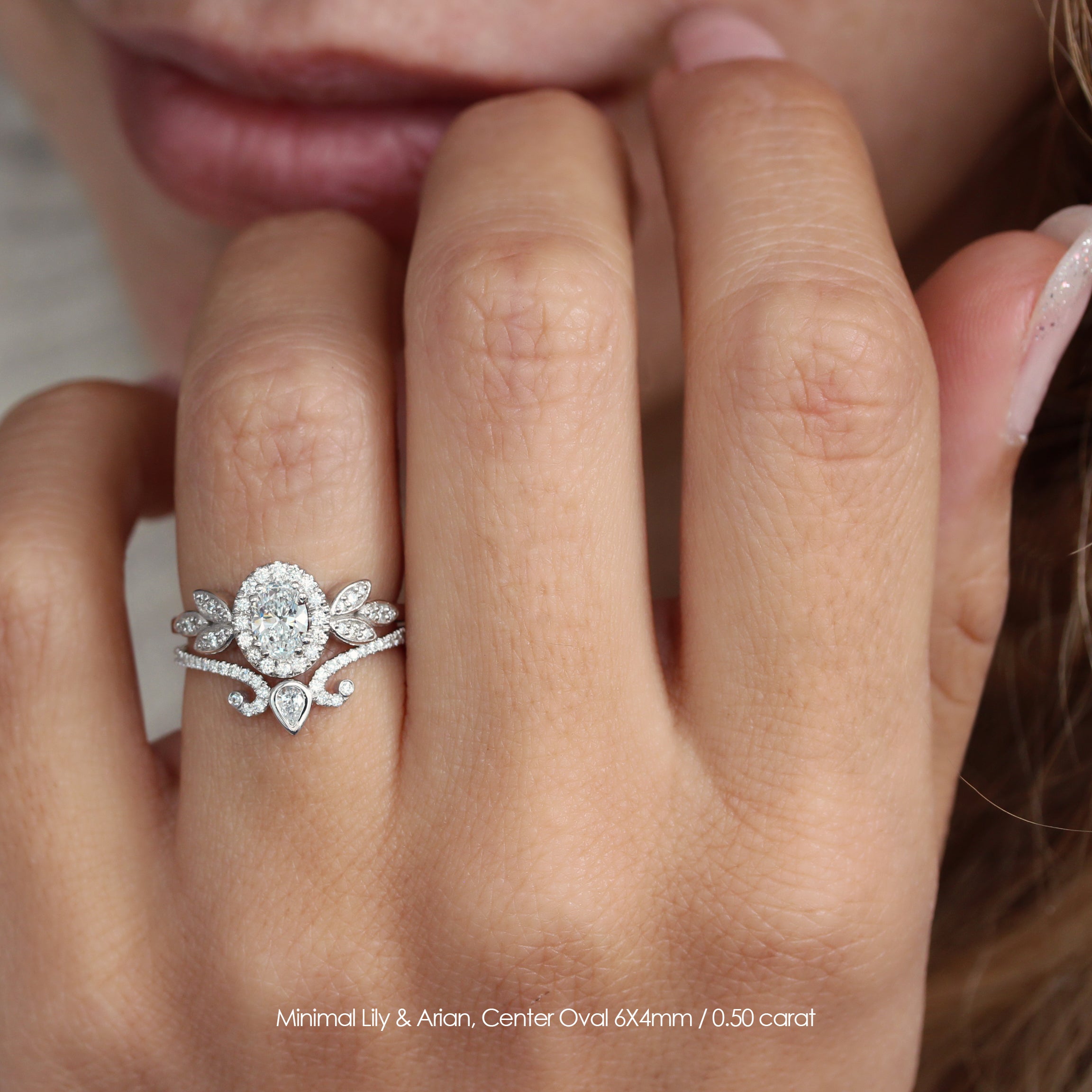 Oval diamond halo nature inspired engagement ring set - Minimal Lily Paired with Ariana Ring Set - sillyshinydiamonds
