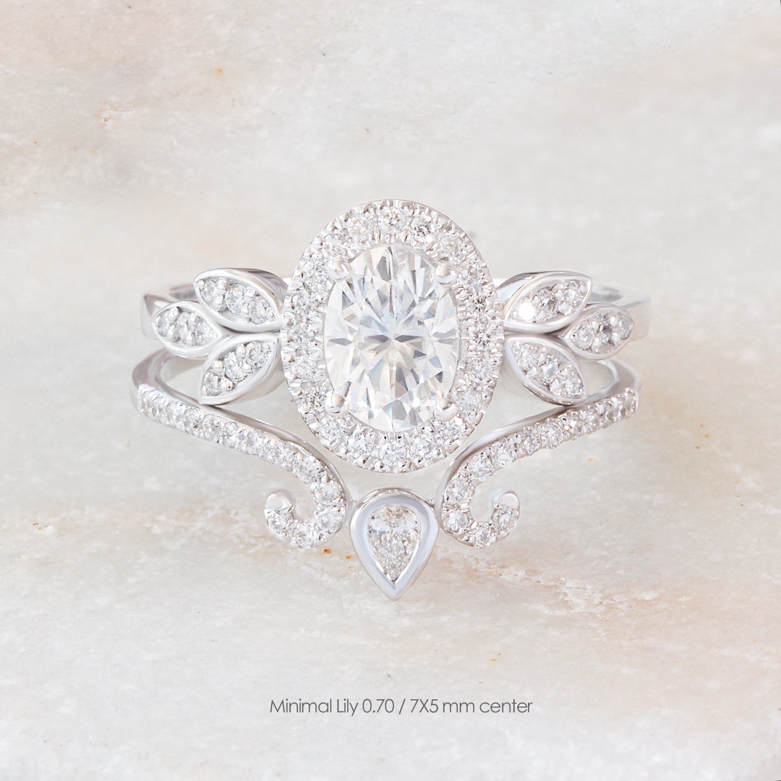Oval diamond halo nature inspired engagement ring set - Minimal Lily Paired with Ariana Ring Set - sillyshinydiamonds