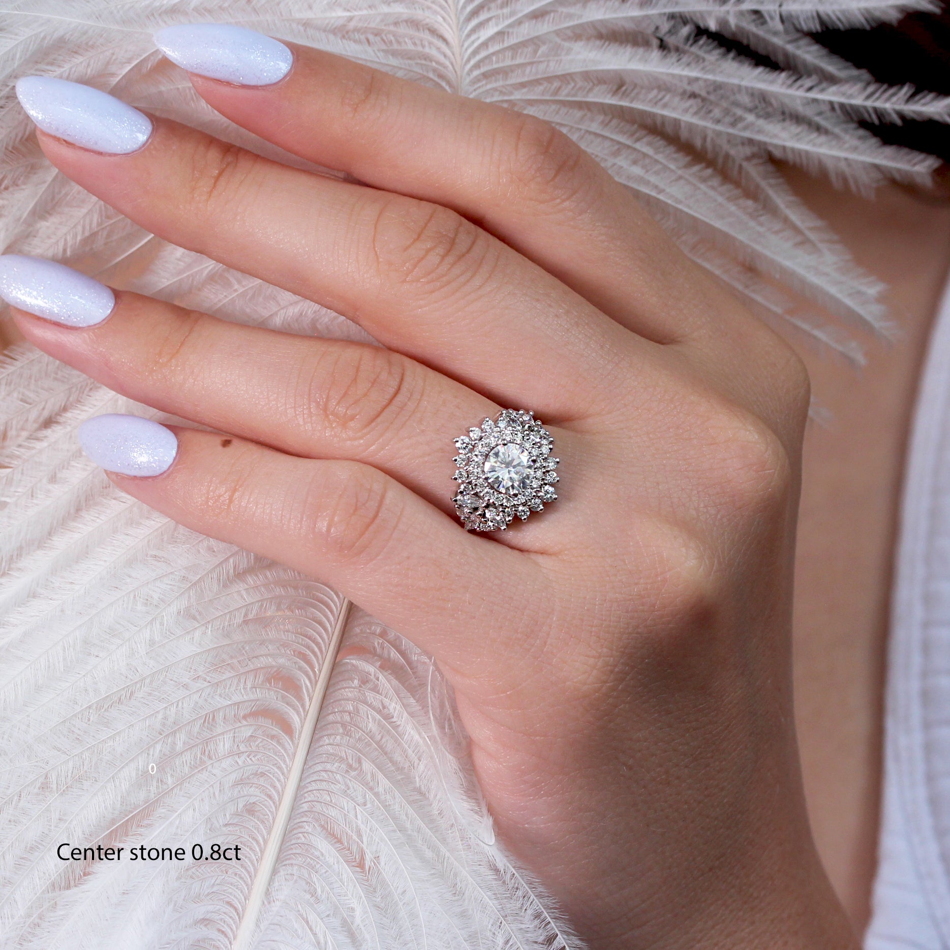 Large Double Halo Round Diamond Unique Statement Engagement Ring, "Monaco" white gold
