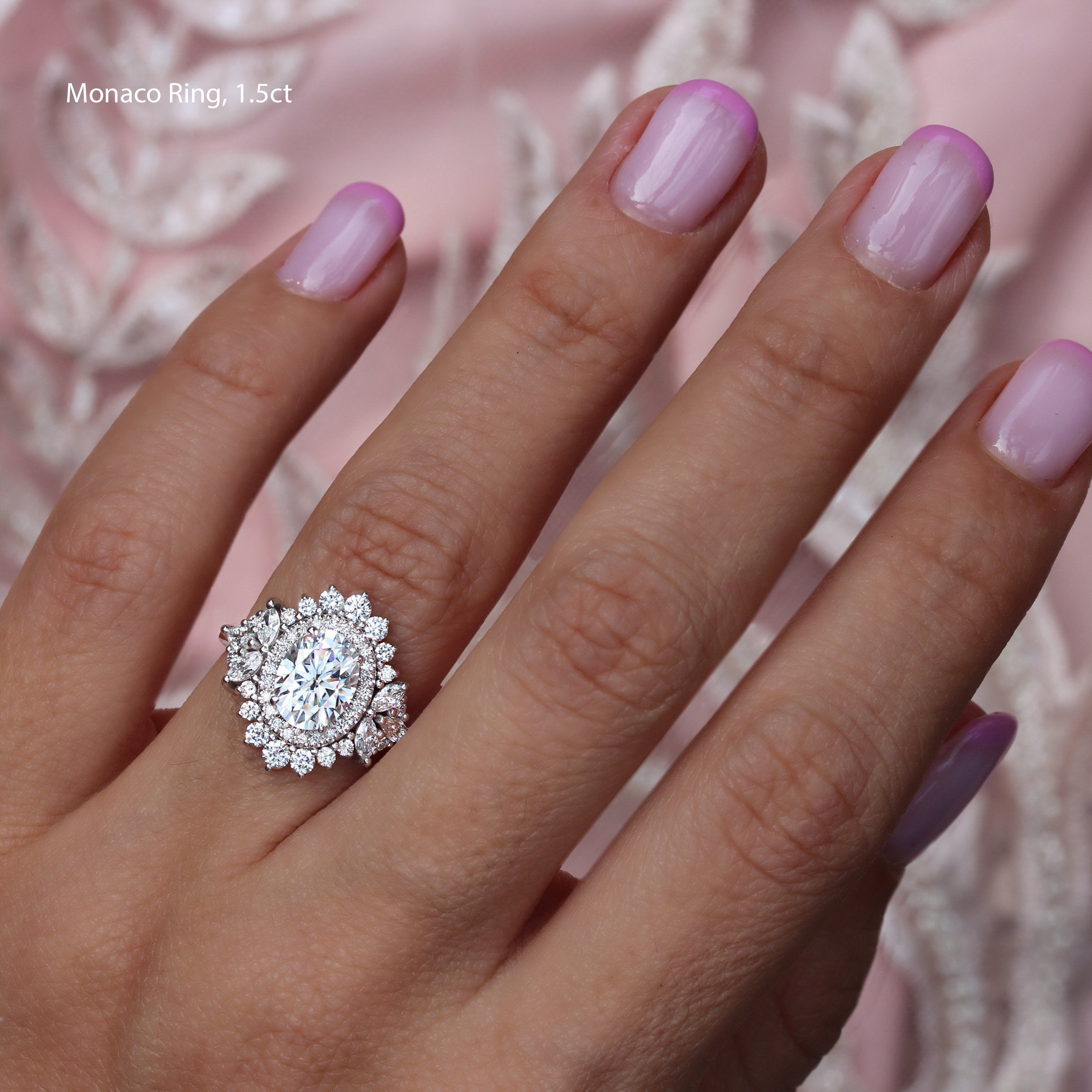 Double halo 1.5ct oval diamond royal engagement ring Monaco white gold made by silly shiny diamonds