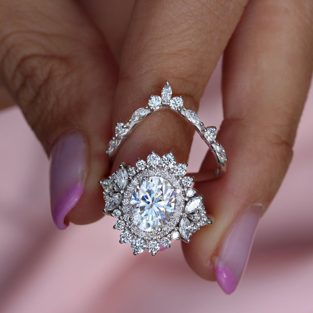 Oval Diamond 1.50 carat Double Halo Engagement Rings Set, Monaco