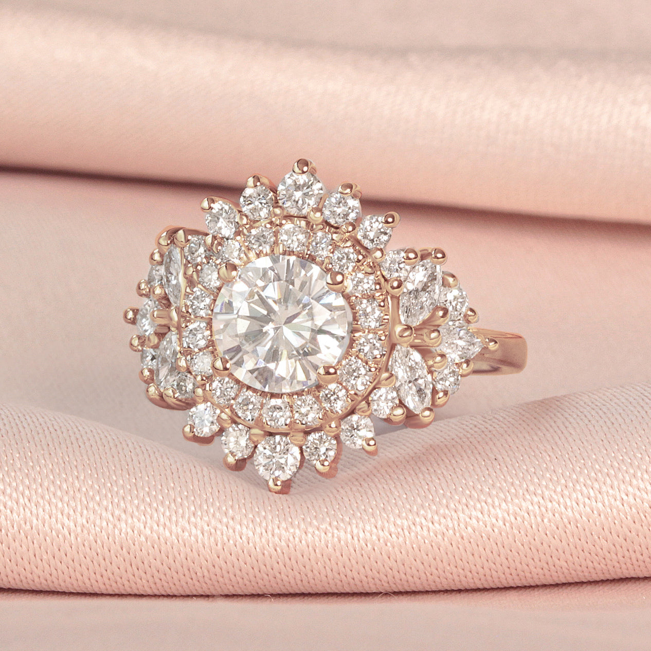 Large Double Halo Round Diamond Unique Statement Engagement Ring, "Monaco" rose gold