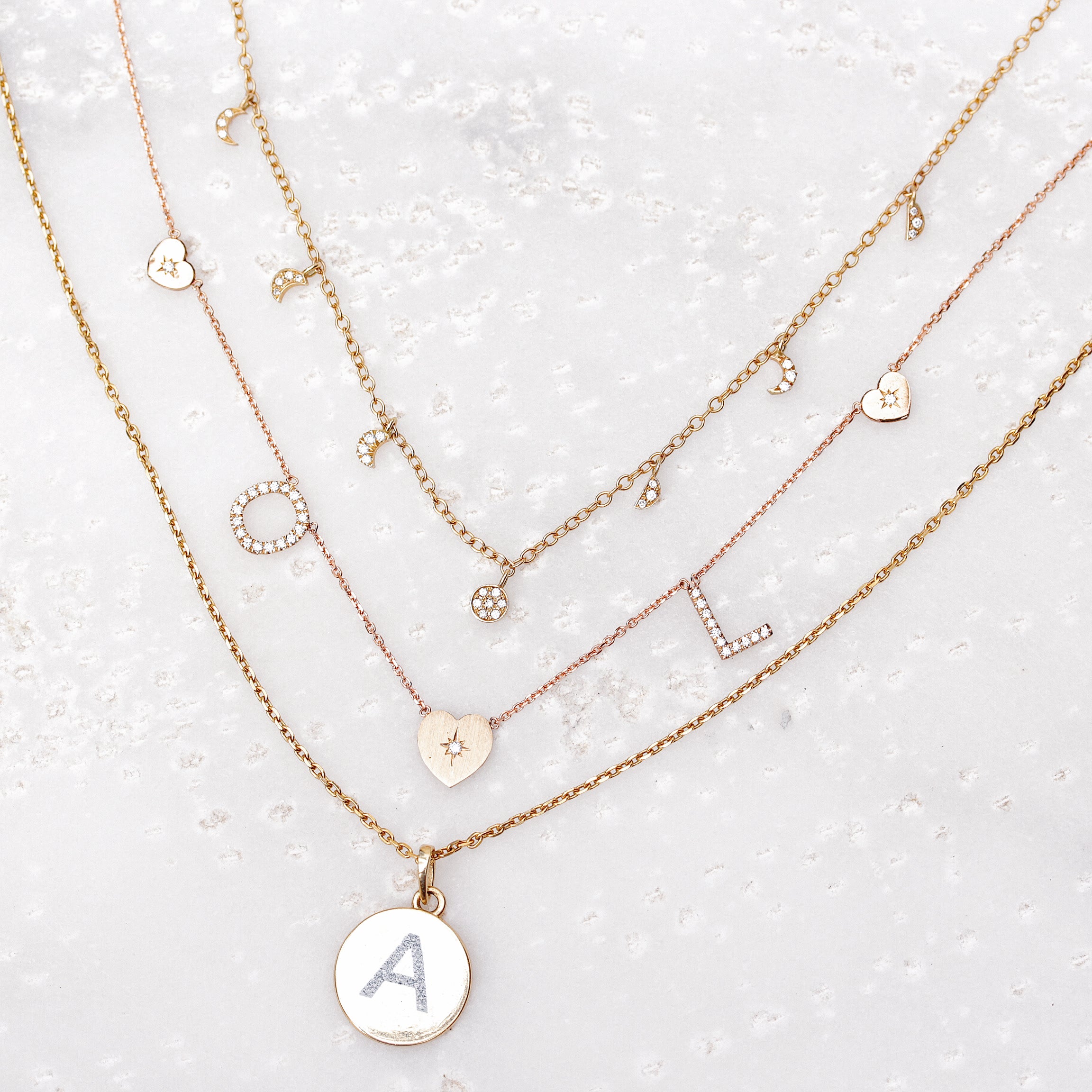 Personalized diamond initial two letters and hearts necklace - sillyshinydiamonds