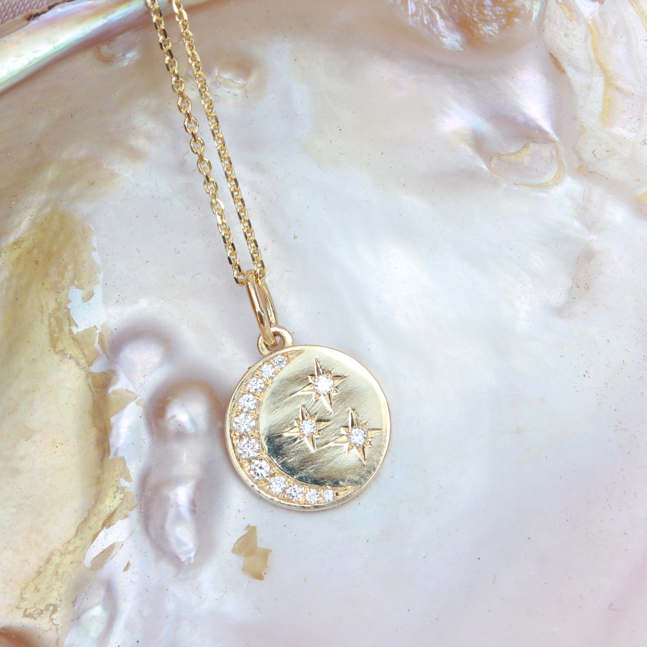 Diamond Crescent Moon & Stars Coin Pendant