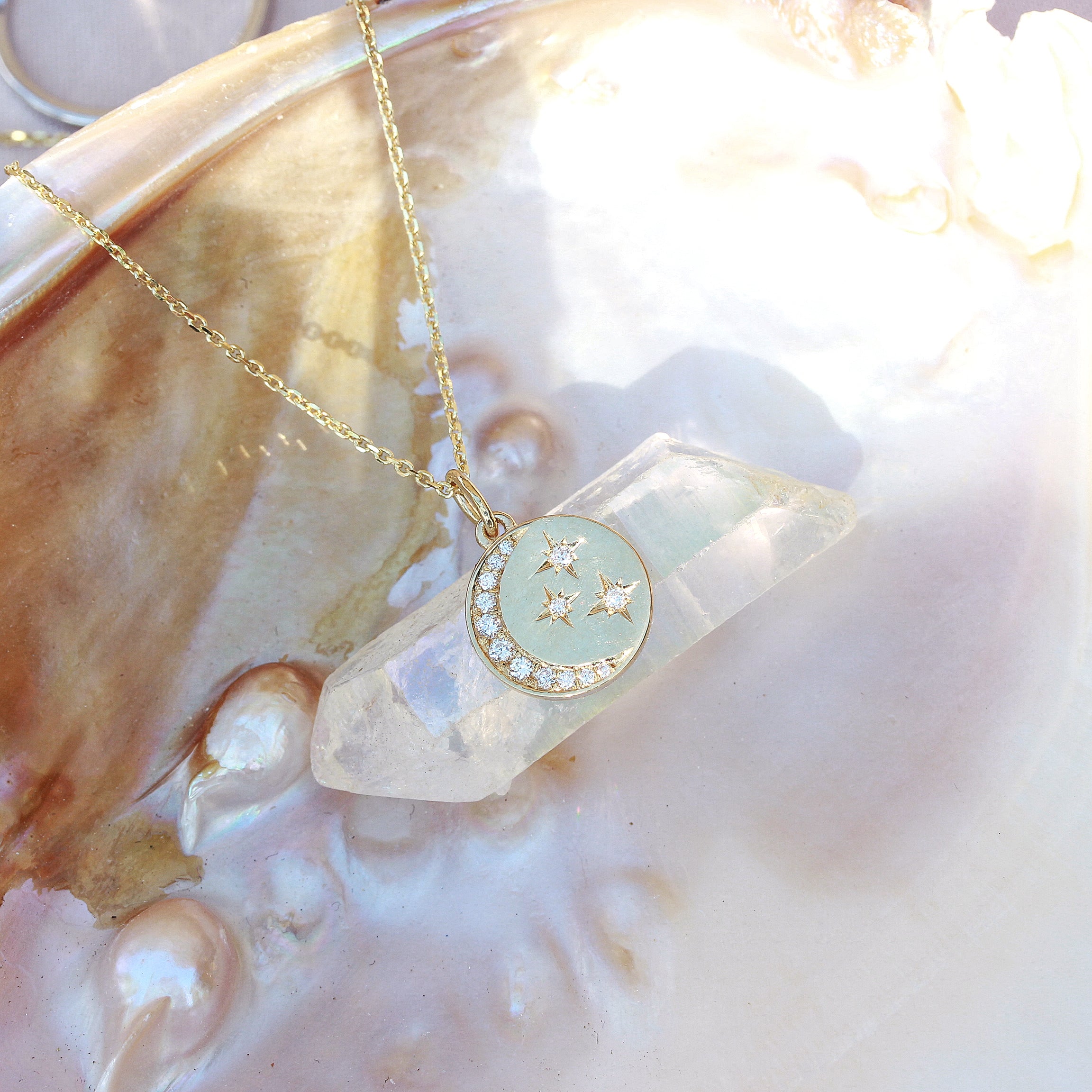 Diamond Crescent Moon & Stars Coin Pendant