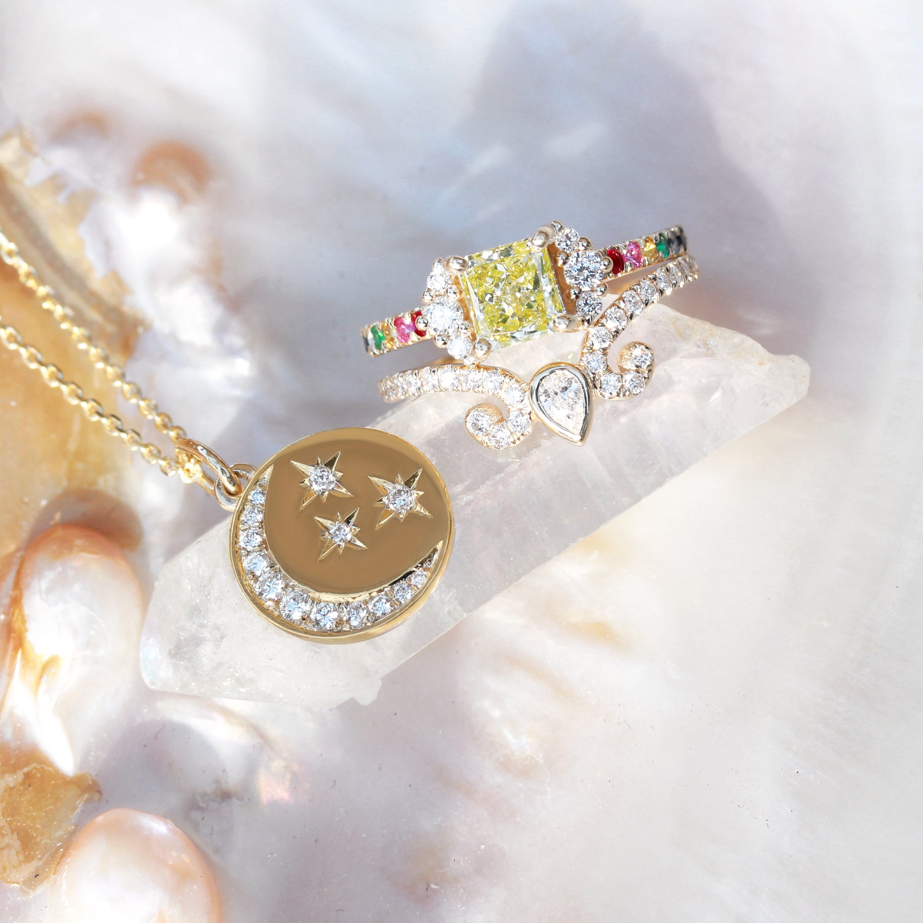 Diamond Crescent Moon & Stars Coin Pendant