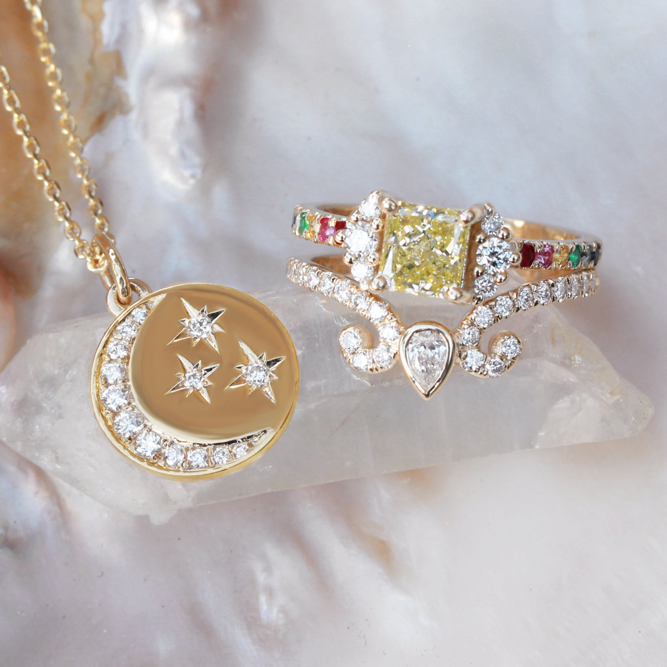 Diamond Crescent Moon & Stars Coin Pendant