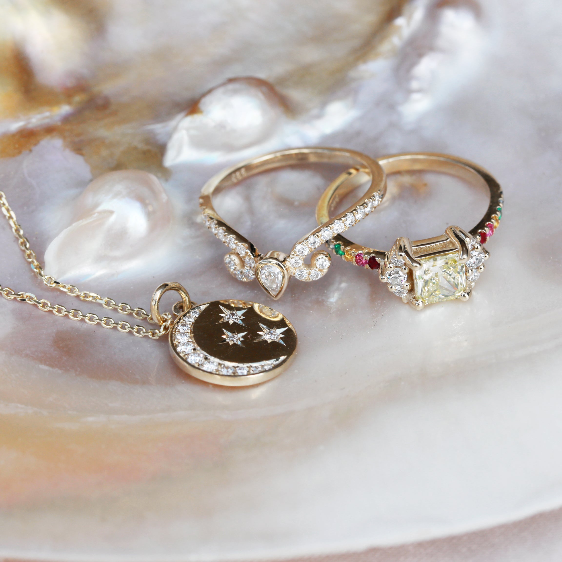 Diamond Crescent Moon & Stars Coin Pendant