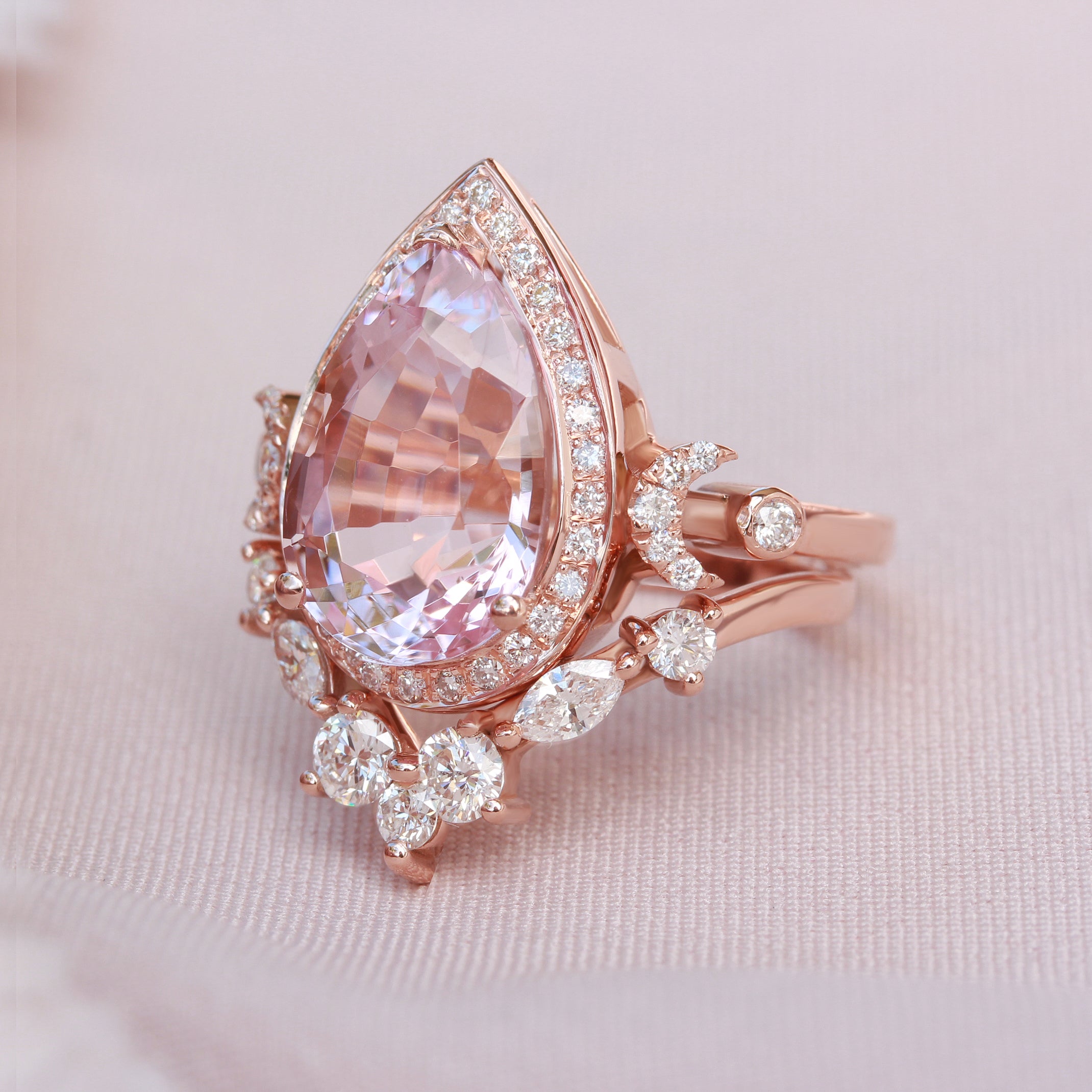 Pear shape Morganite Engagement Two Rings Set - Moonchild