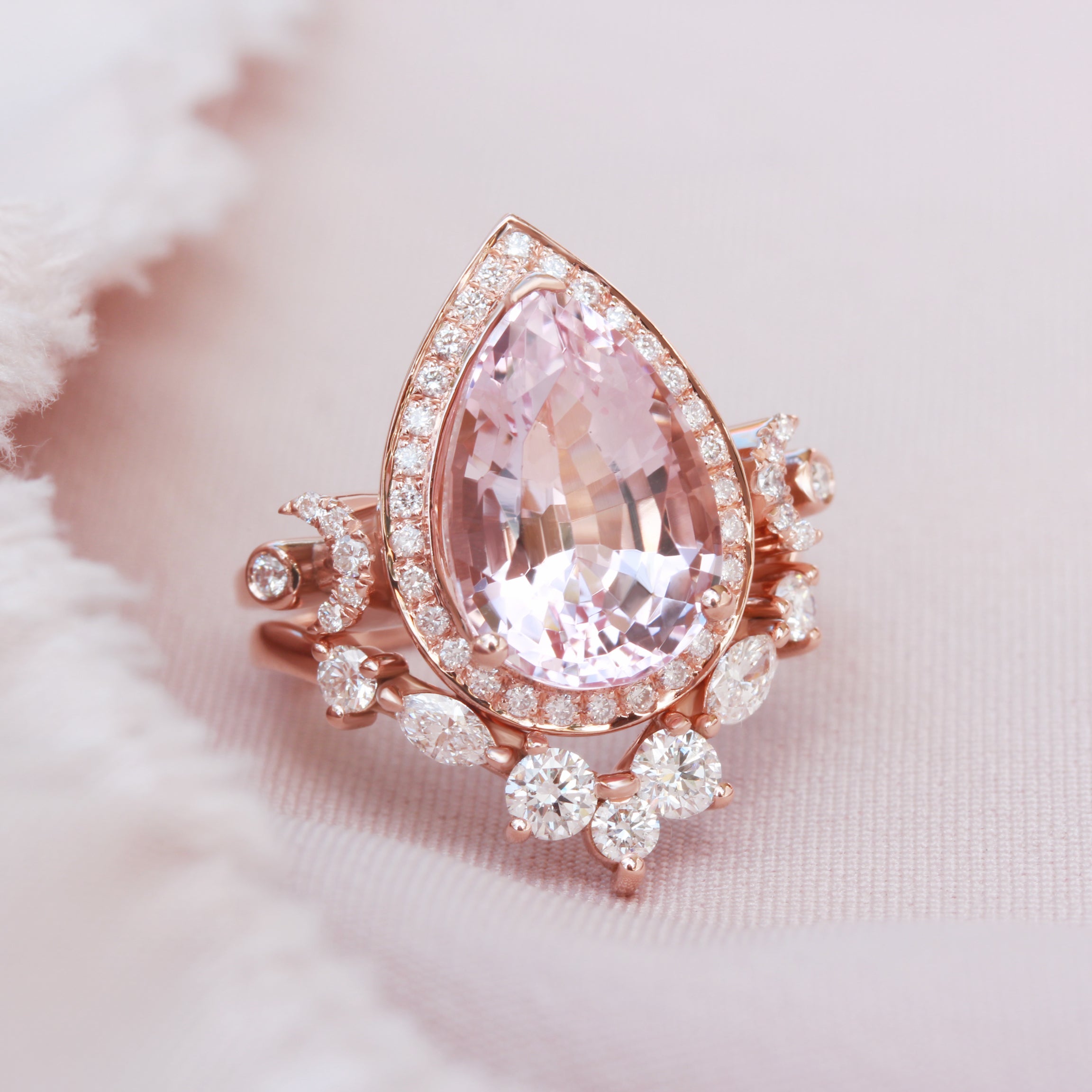 Pear shape Morganite Engagement Two Rings Set - Moonchild