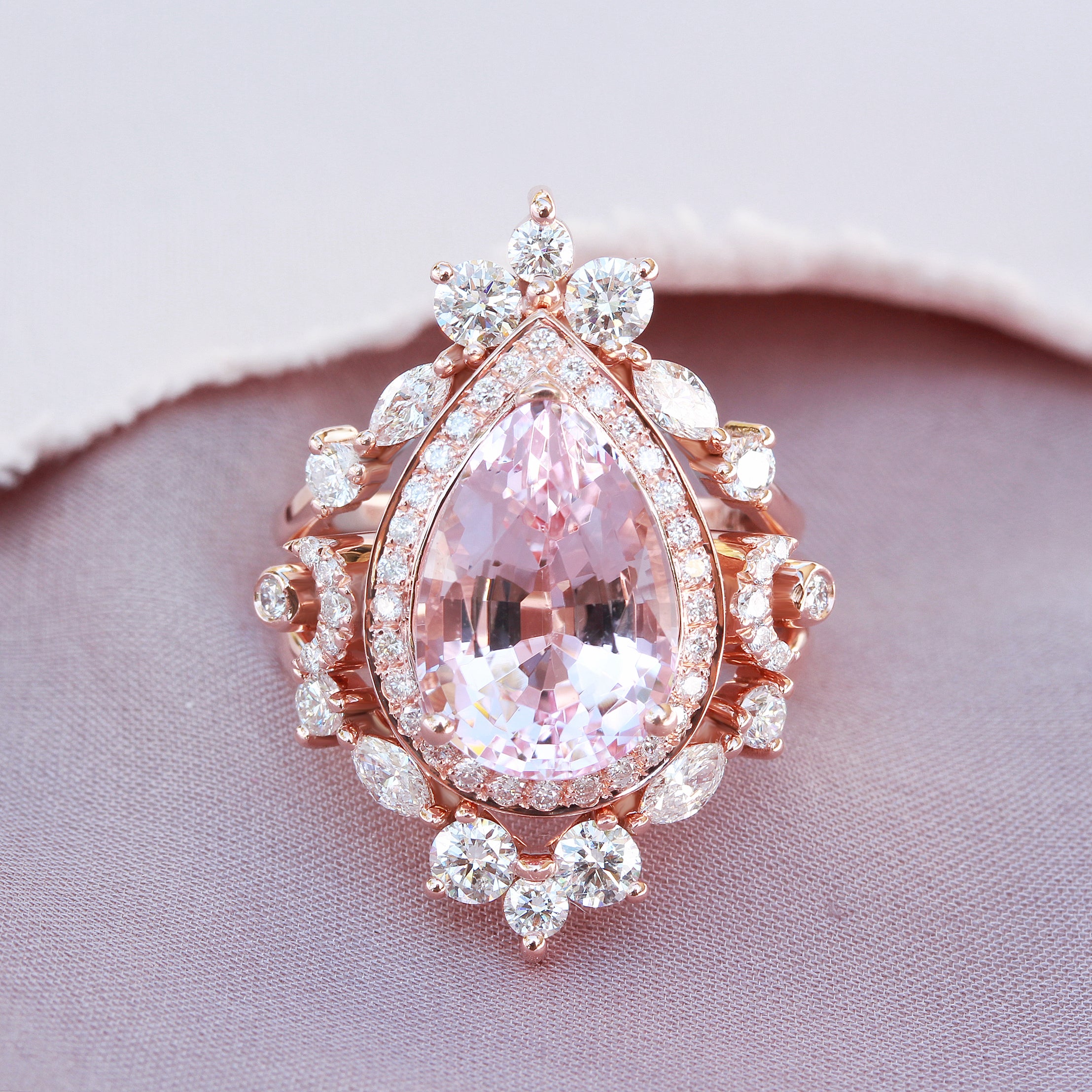 Pear shape Morganite Engagement Two Rings Set - Moonchild