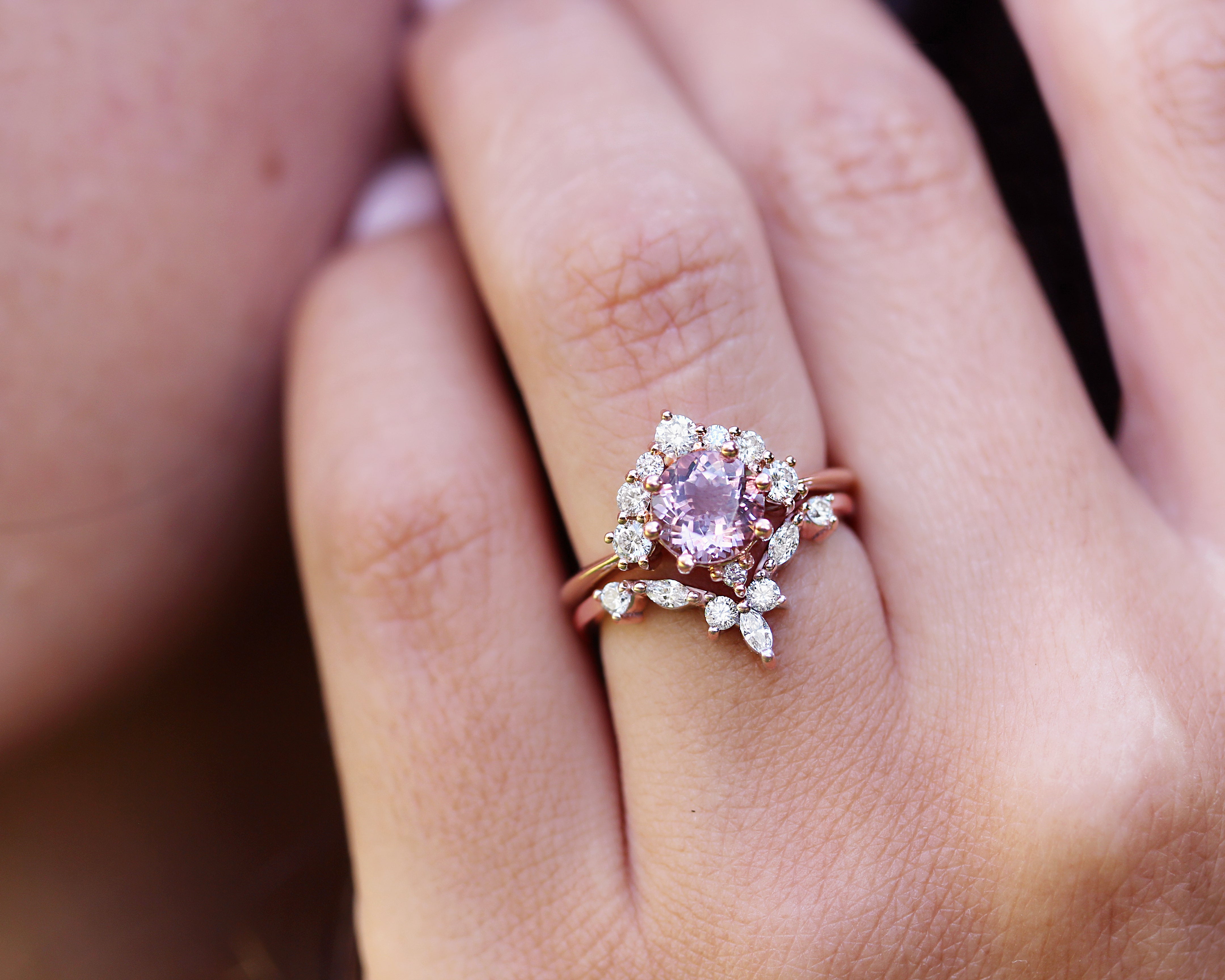 Luna, Morganite & Diamonds Unique Cluster Engagement Ring - sillyshinydiamonds