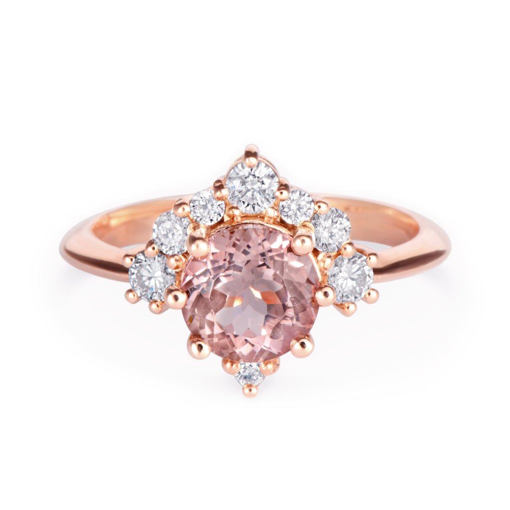 Luna, Morganite & Diamonds Unique Cluster Engagement Ring, 14K Rose Gold, Size 6.5, Ready to ship - sillyshinydiamonds