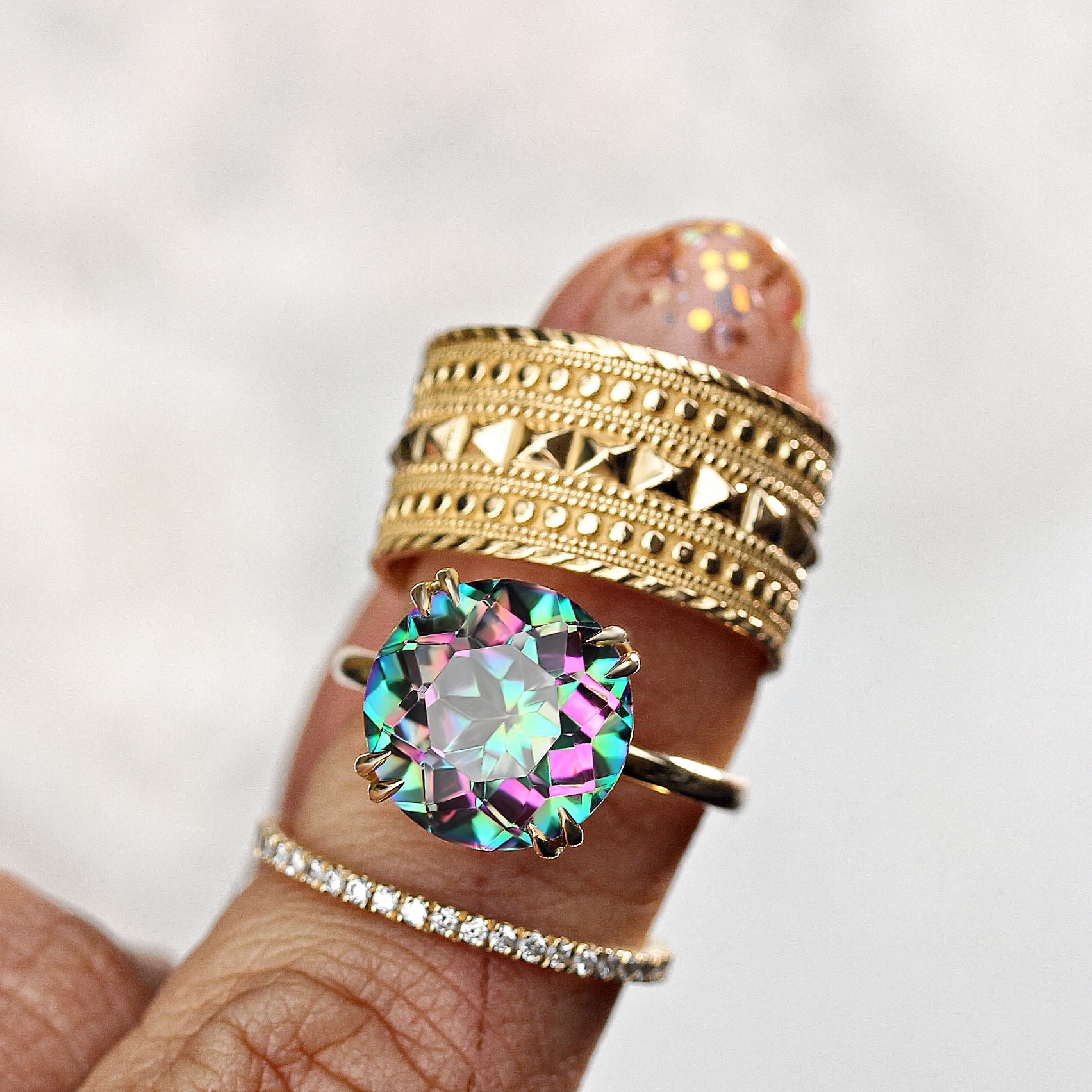 Pyramid and Beaded Textured Wide Bold Gold Cigar Statement Ring, Cleopatra