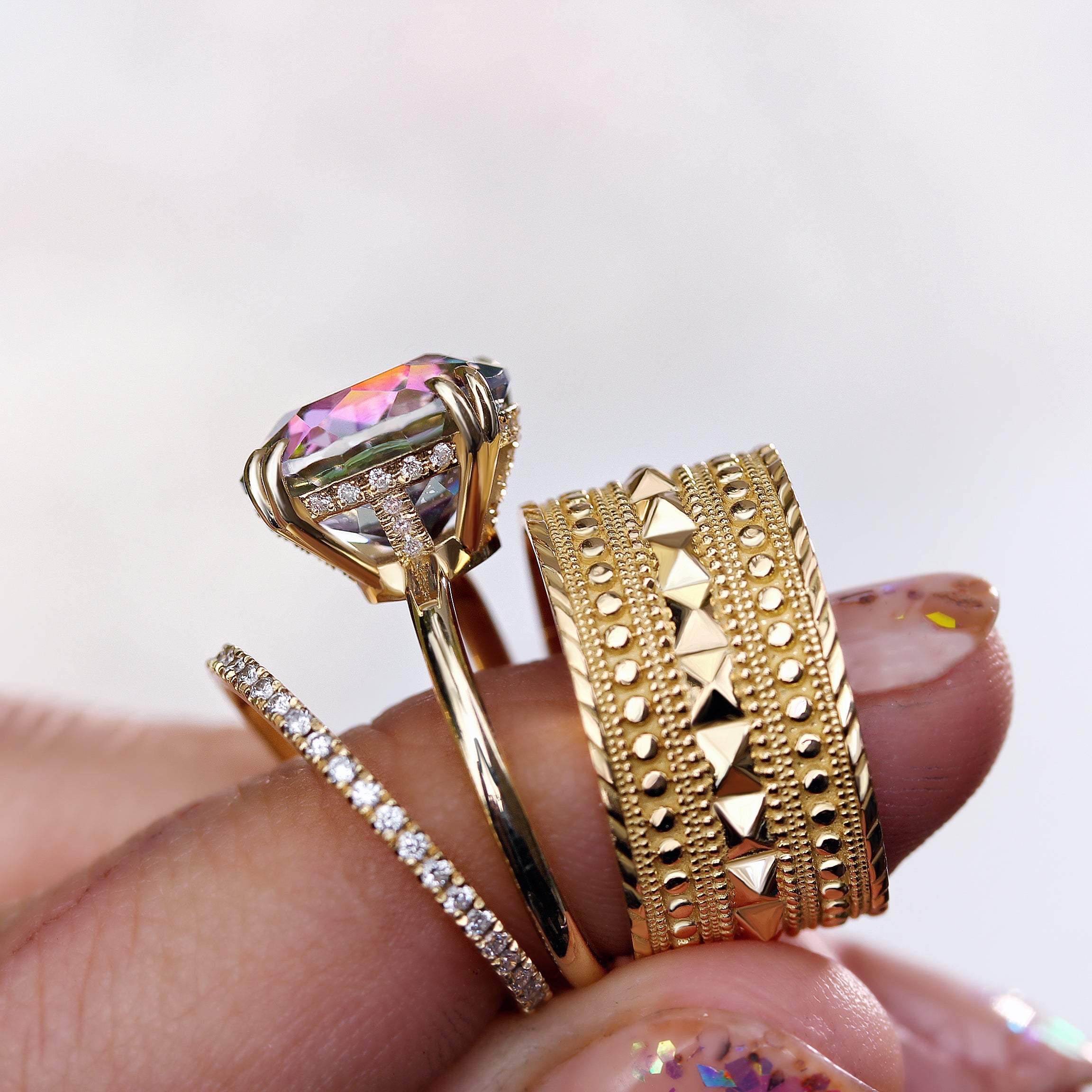 Pyramid and Beaded Textured Wide Bold Gold Cigar Statement Ring, Cleopatra
