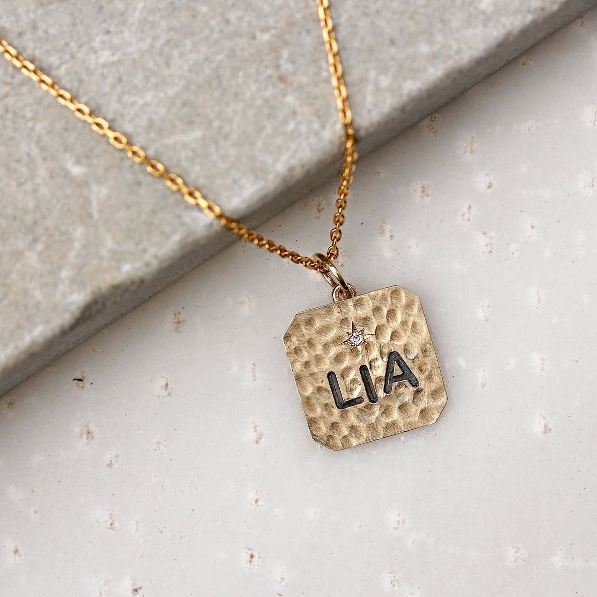 Personalized name square charm one diamond necklace - sillyshinydiamonds