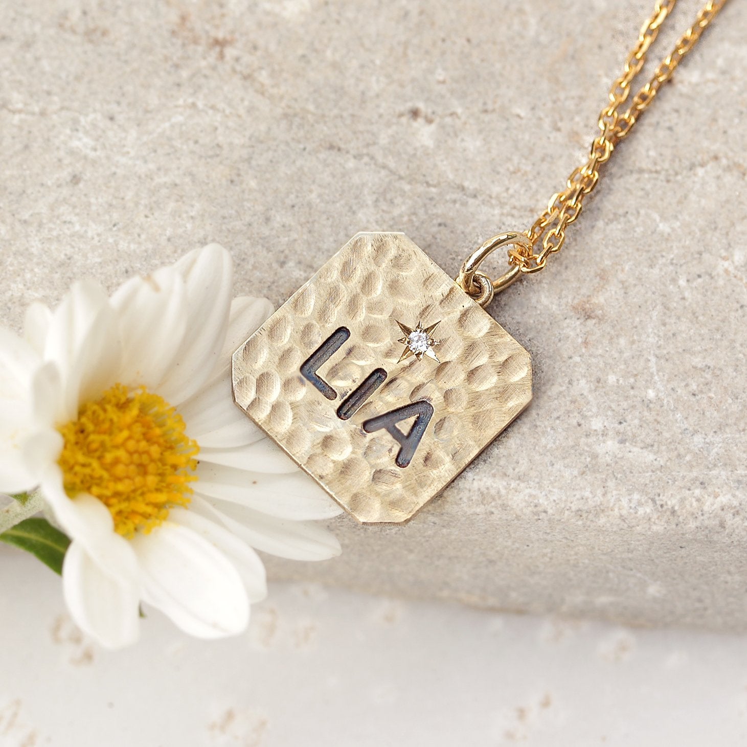 Personalized name square charm one diamond necklace - sillyshinydiamonds