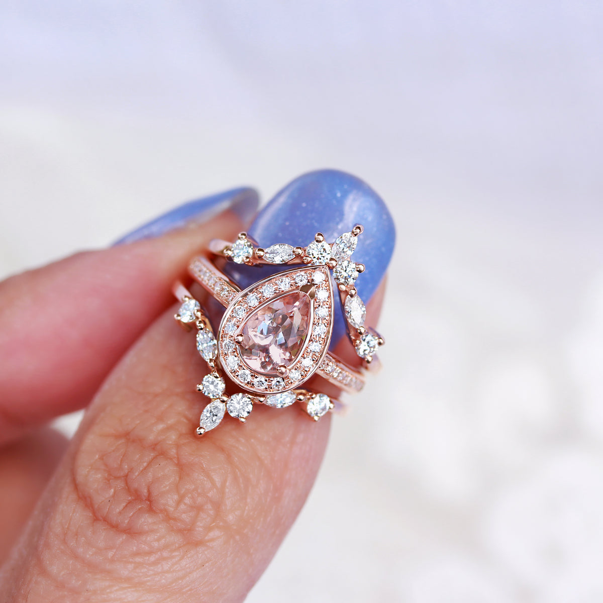 Pear Morganite & Diamond Halo Bridal Ring Set, Nia Trio + Two Hermes Bands - sillyshinydiamonds
