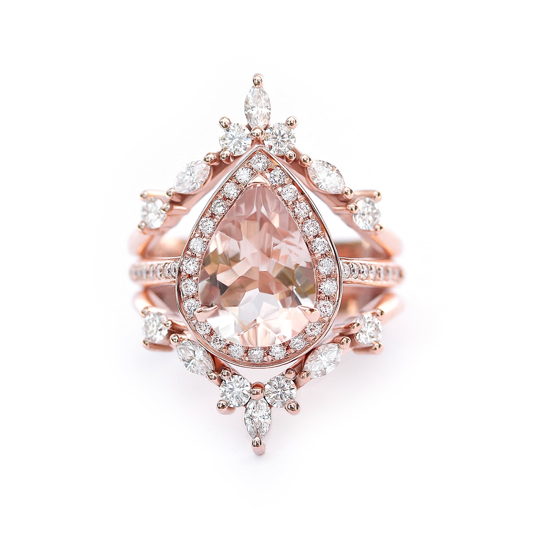 Pear 2.0ct Morganite & Diamond Halo Bridal Ring Set, Nia Trio + Two Hermes Bands - sillyshinydiamonds