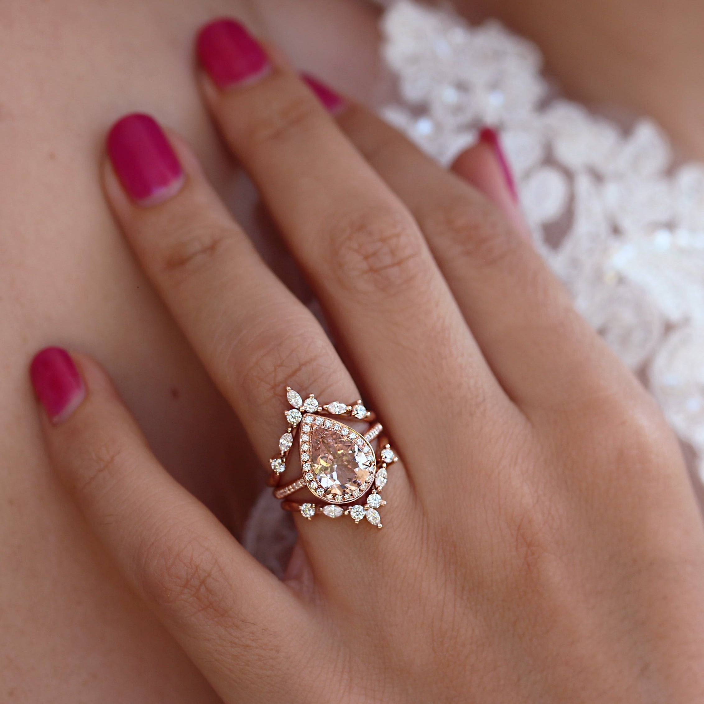 Pear 2.0ct Morganite & Diamond Halo Bridal Ring Set, Nia Trio + Two Hermes Bands - sillyshinydiamonds