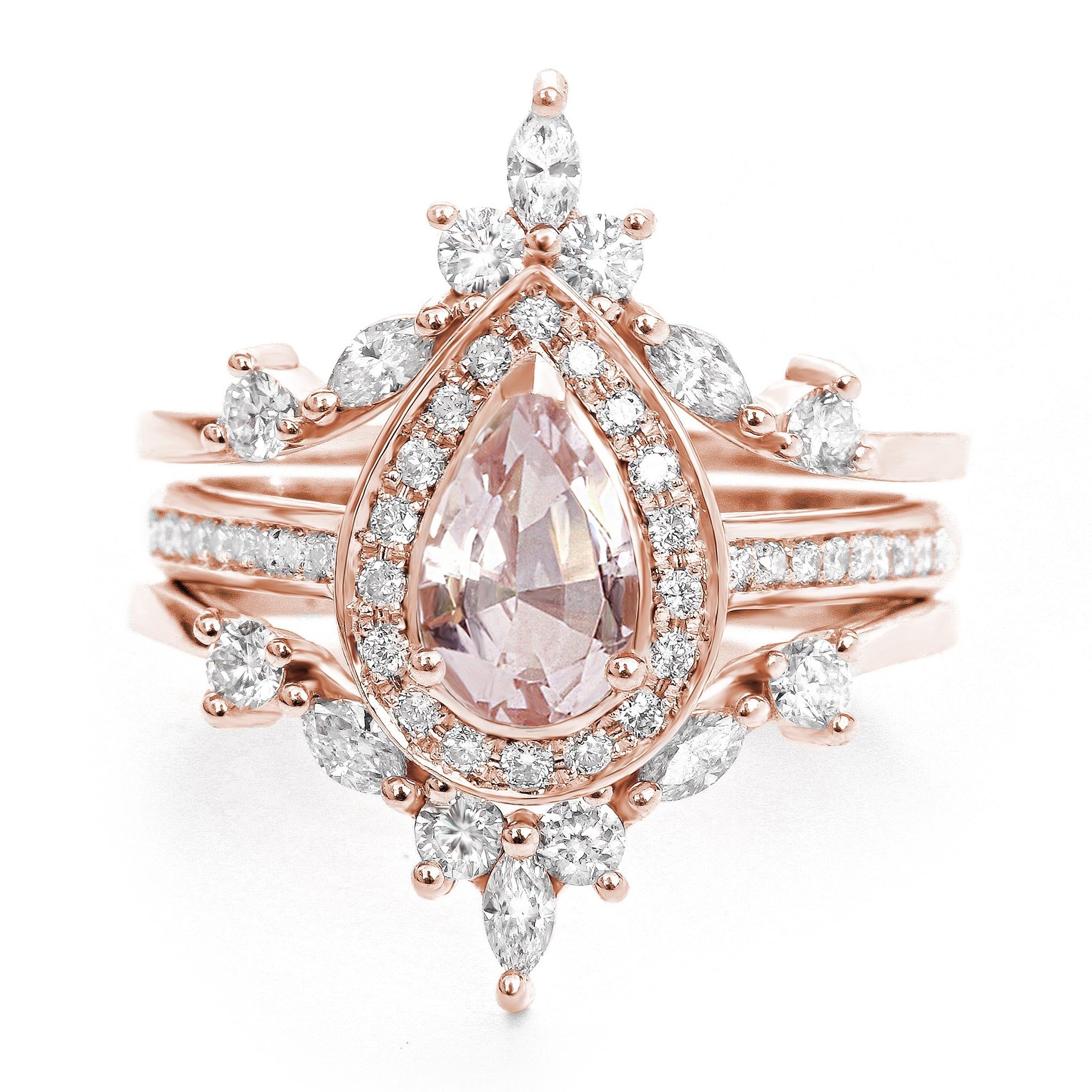 Pear Morganite & Diamond Halo Bridal Ring Set, Nia Trio + Two Hermes Bands - sillyshinydiamonds