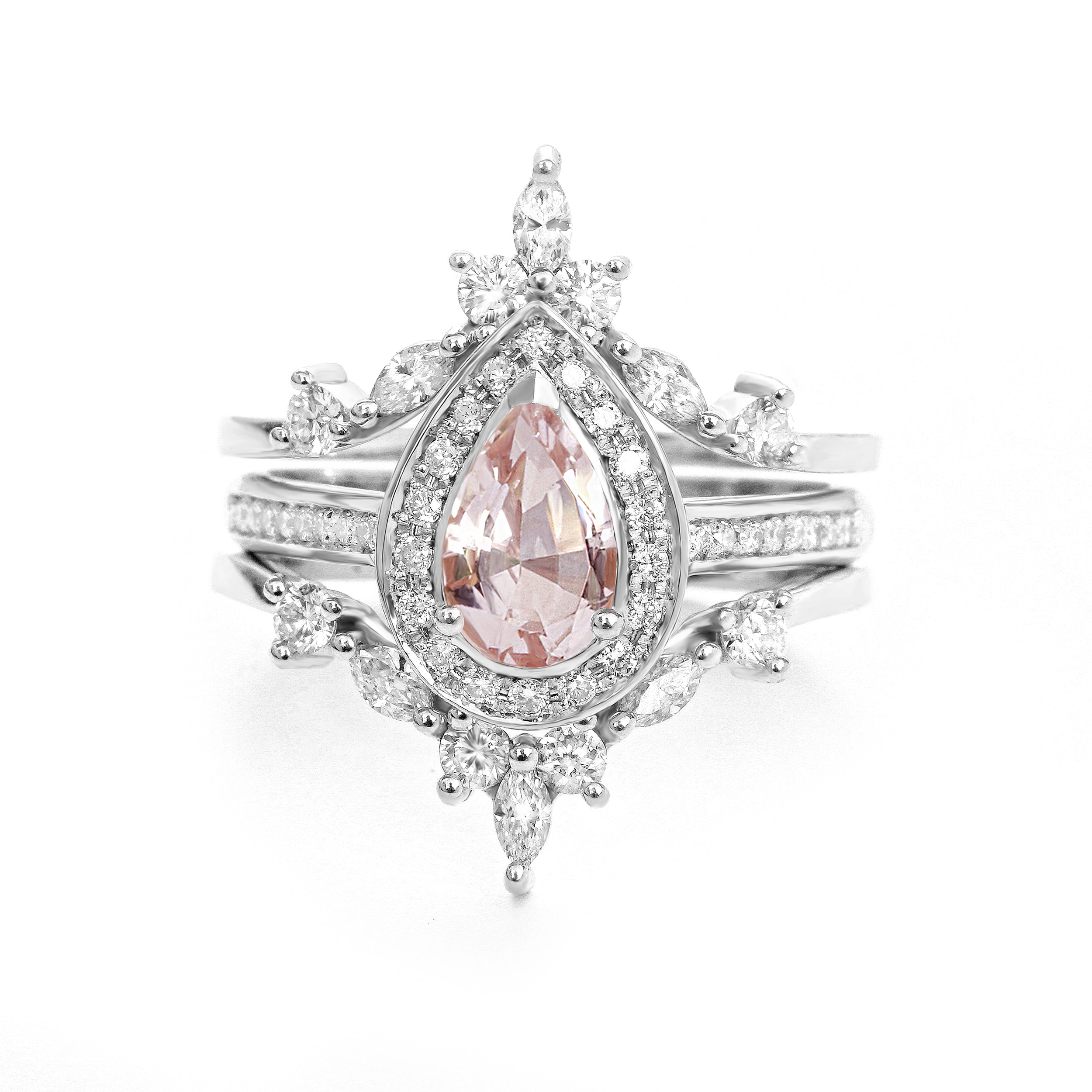 Pear Morganite & Diamond Halo Bridal Ring Set, Nia Trio + Two Hermes Bands - sillyshinydiamonds