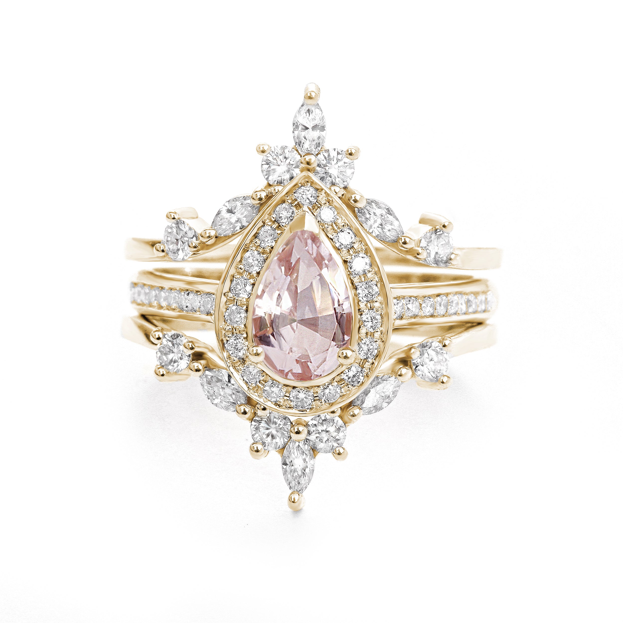 Pear Morganite & Diamond Halo Bridal Ring Set, Nia Trio + Two Hermes Bands - sillyshinydiamonds