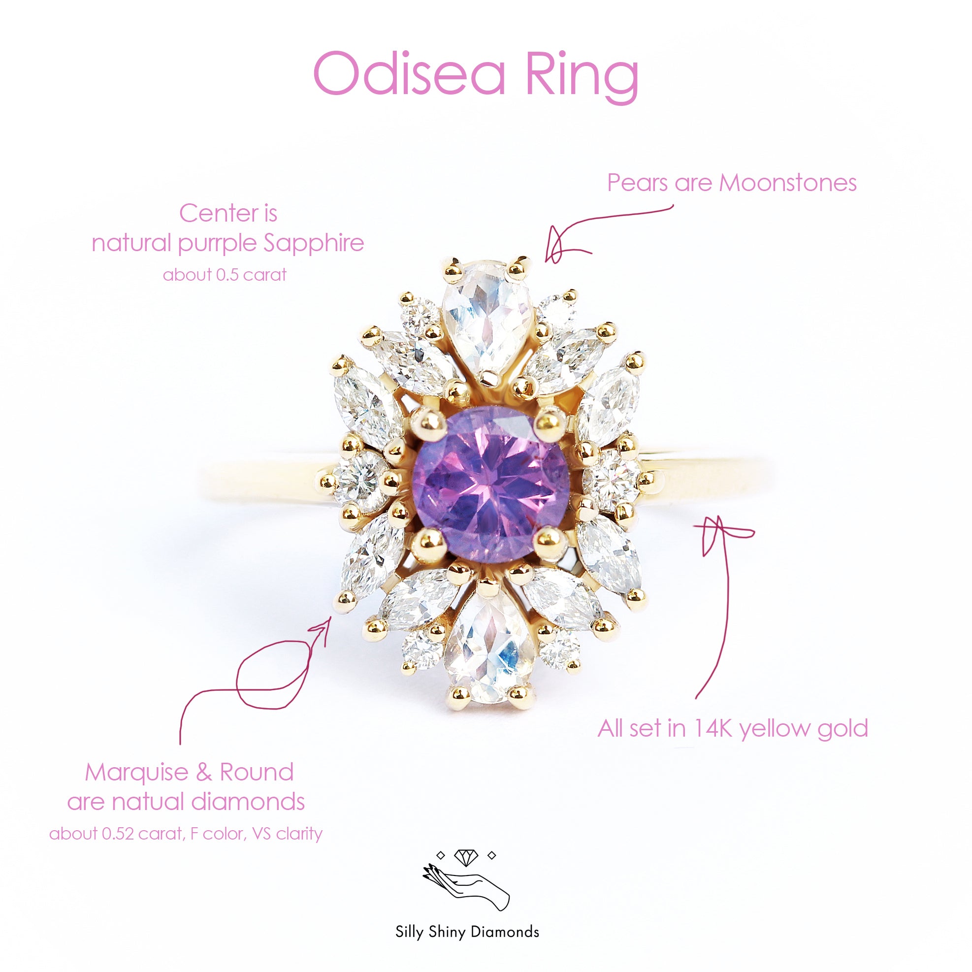 Lavender purple sapphire, moonstone and diamonds cluster engagement ring, Odisea