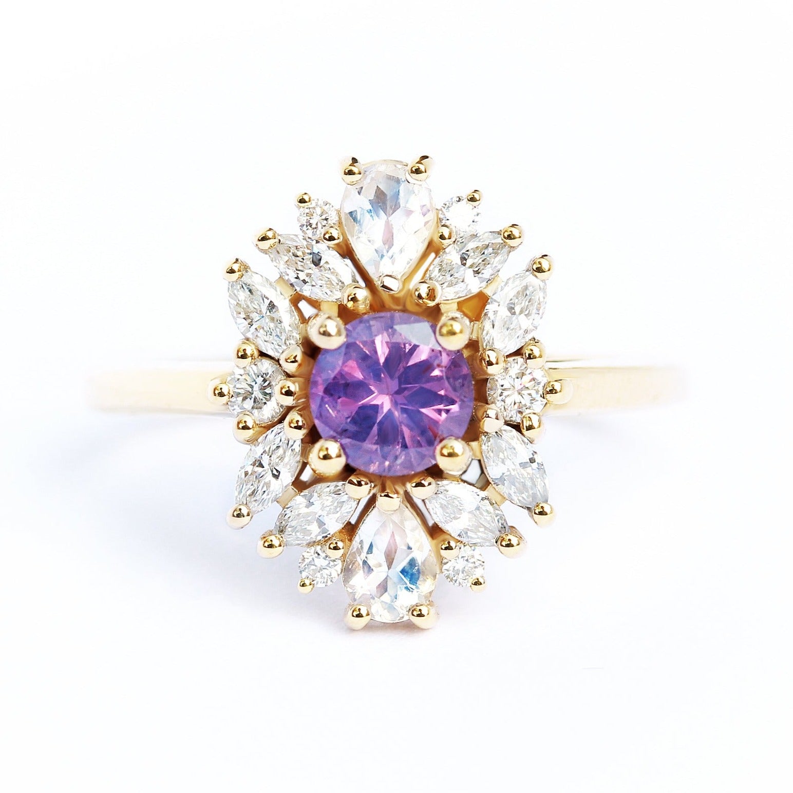Lavender purple sapphire, moonstone and diamonds cluster engagement ring, Odisea