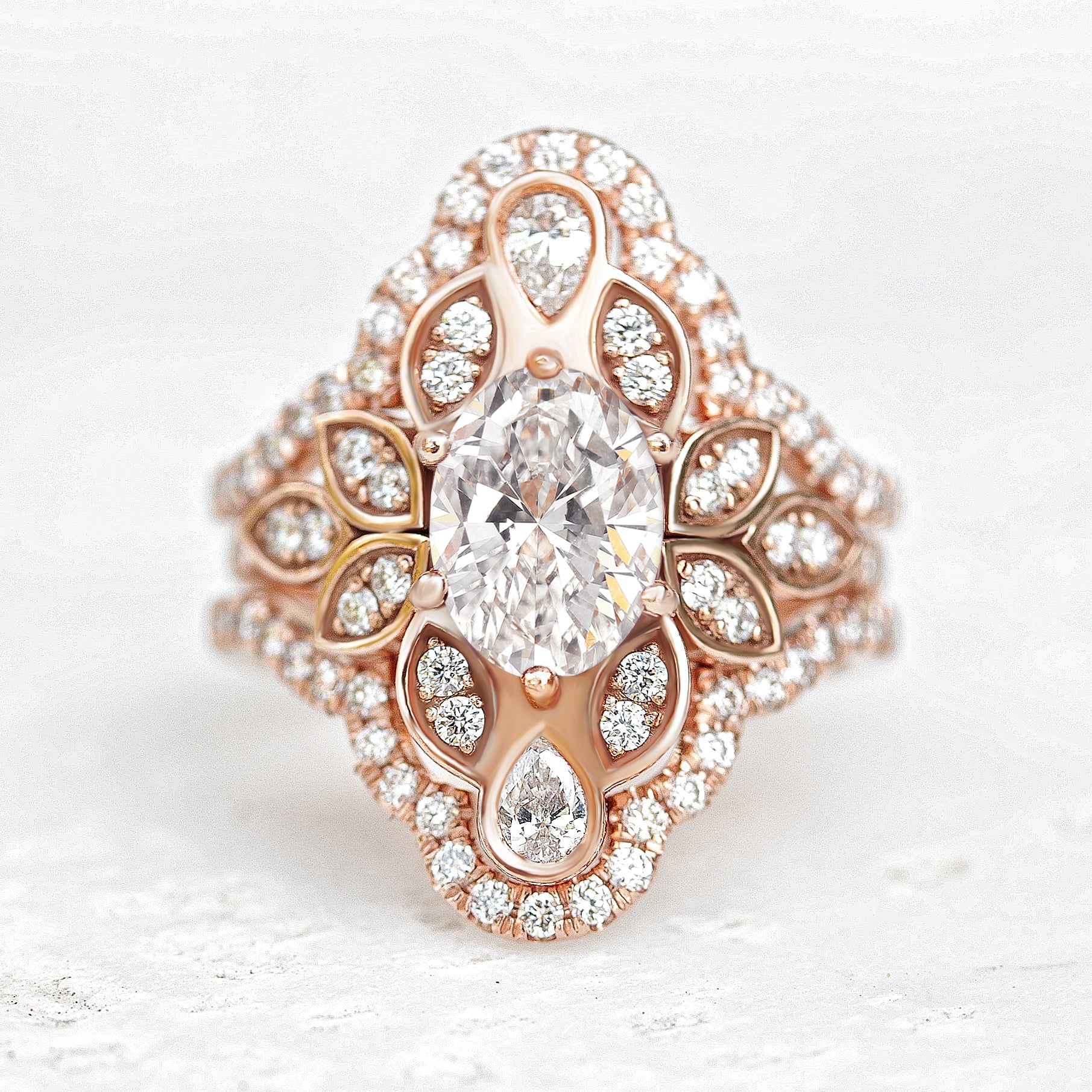 Lily #4 IcedFrame Oval Diamond Flower Engagement Ring Set - sillyshinydiamonds