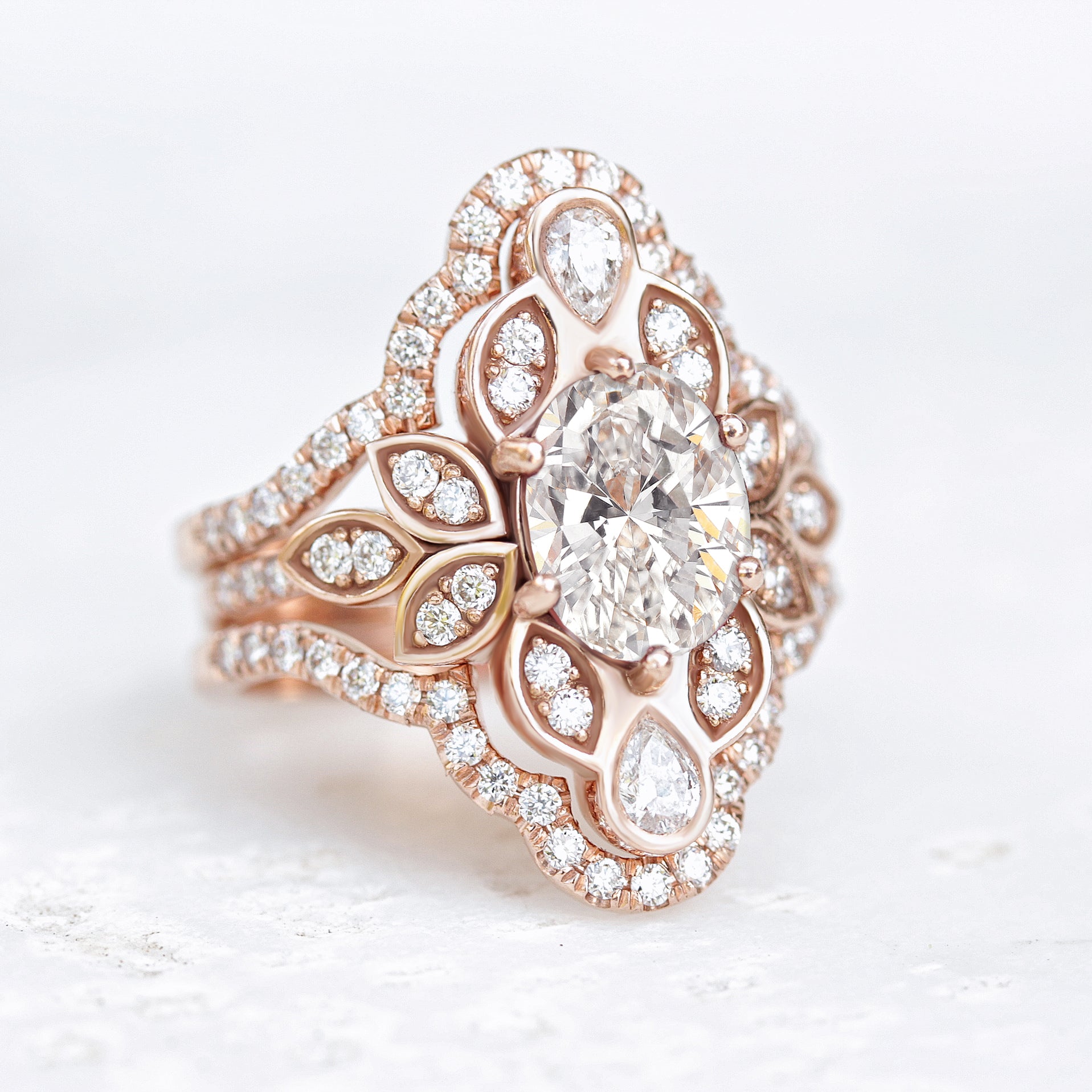 Lily #4 IcedFrame Oval Diamond Flower Engagement Ring Set - sillyshinydiamonds